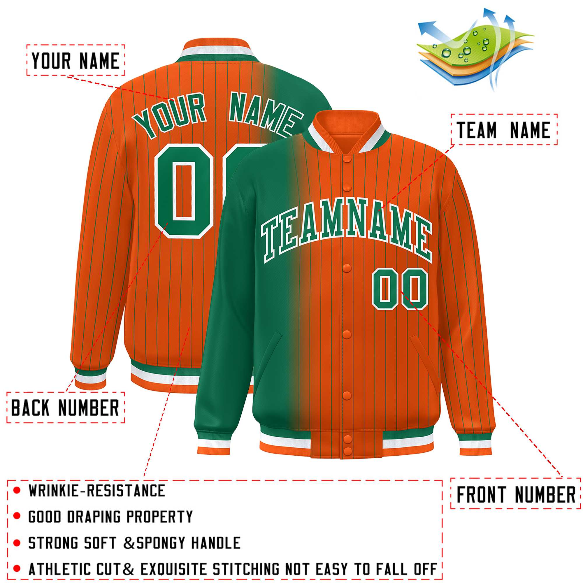 Custom Orange Kelly Green Gradient Varsity Full-Snap Pinstripe Letterman Baseball Jacket