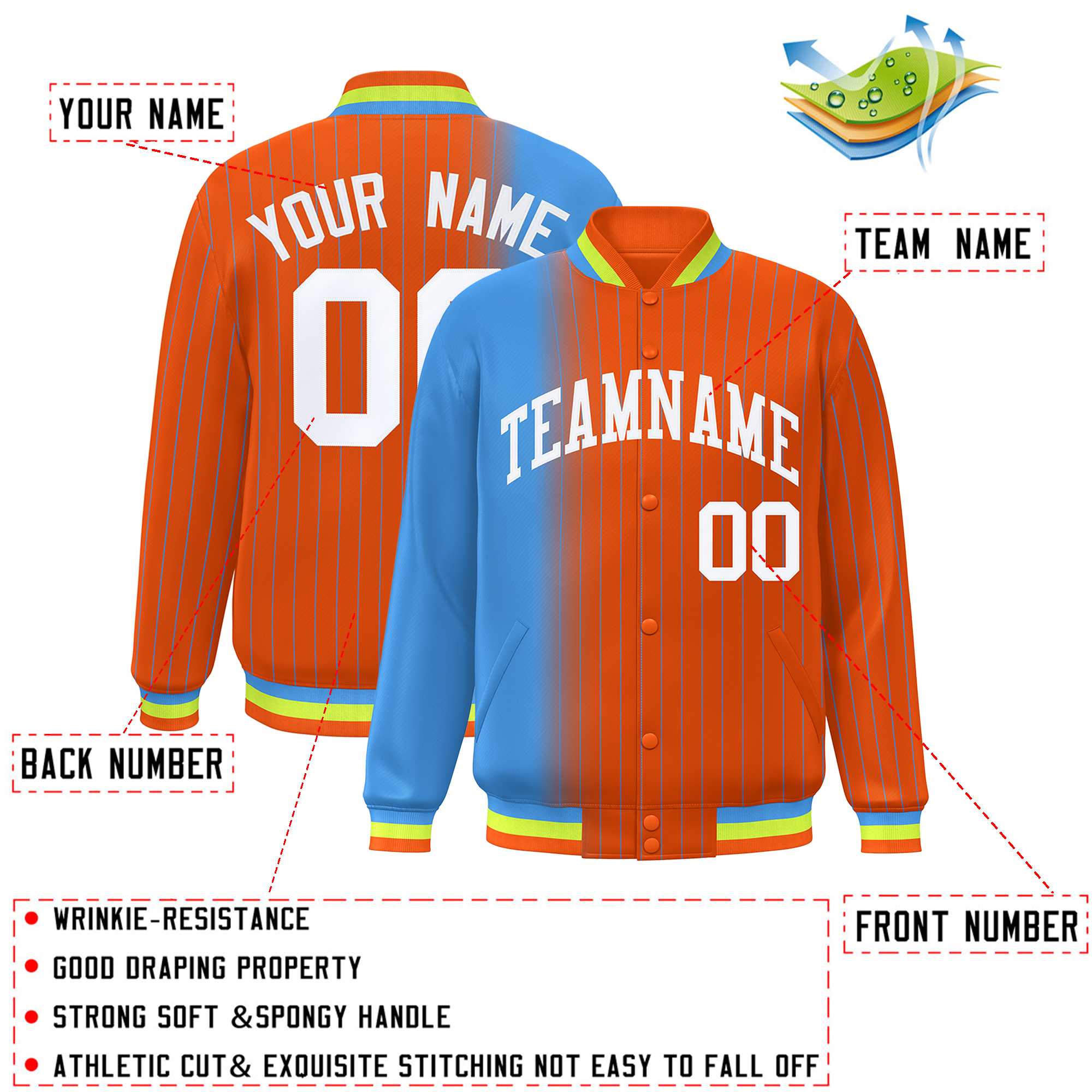 Custom Orange Powder Blue Gradient Varsity Full-Snap Pinstripe Letterman Baseball Jacket