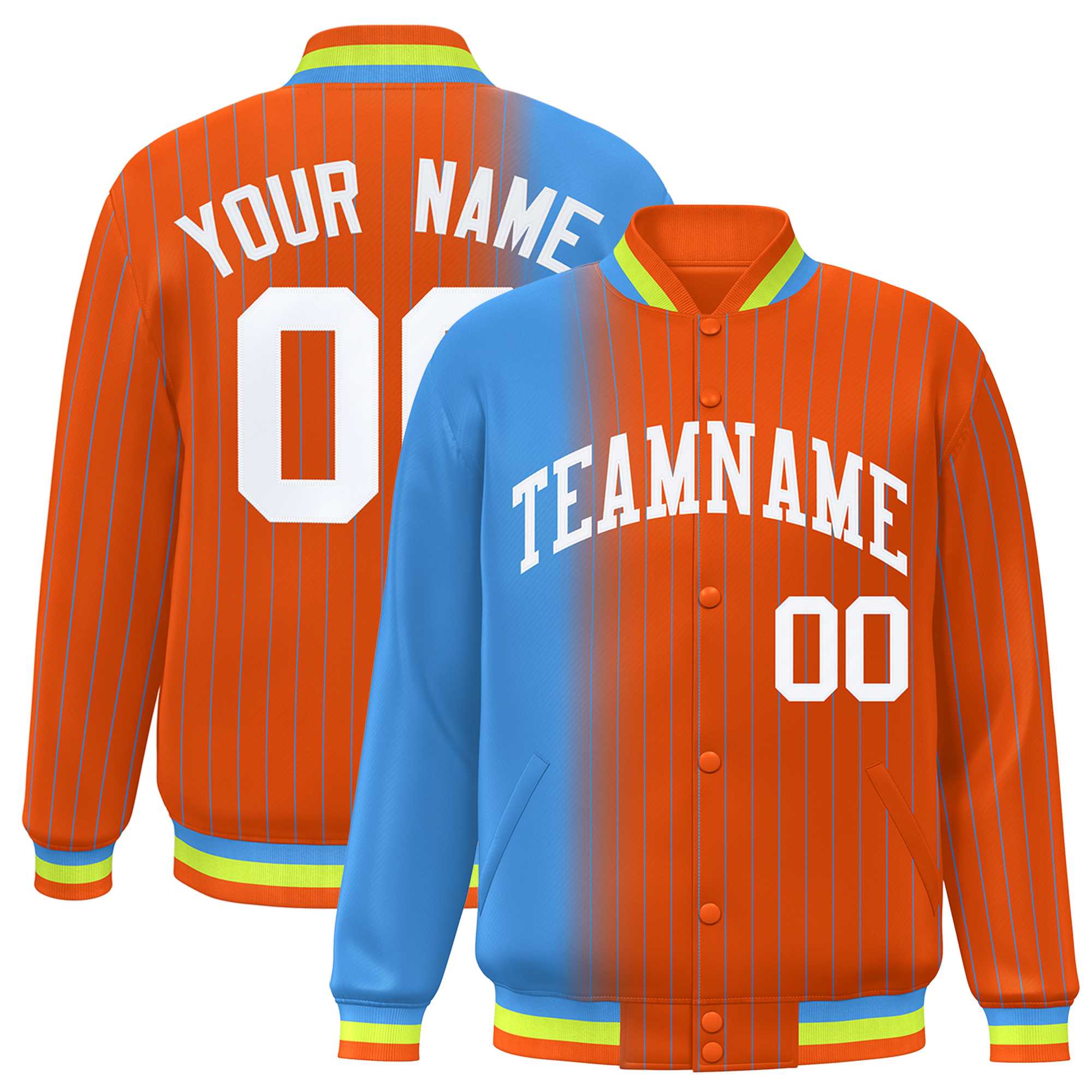 Custom Orange Powder Blue Gradient Varsity Full-Snap Pinstripe Letterman Baseball Jacket