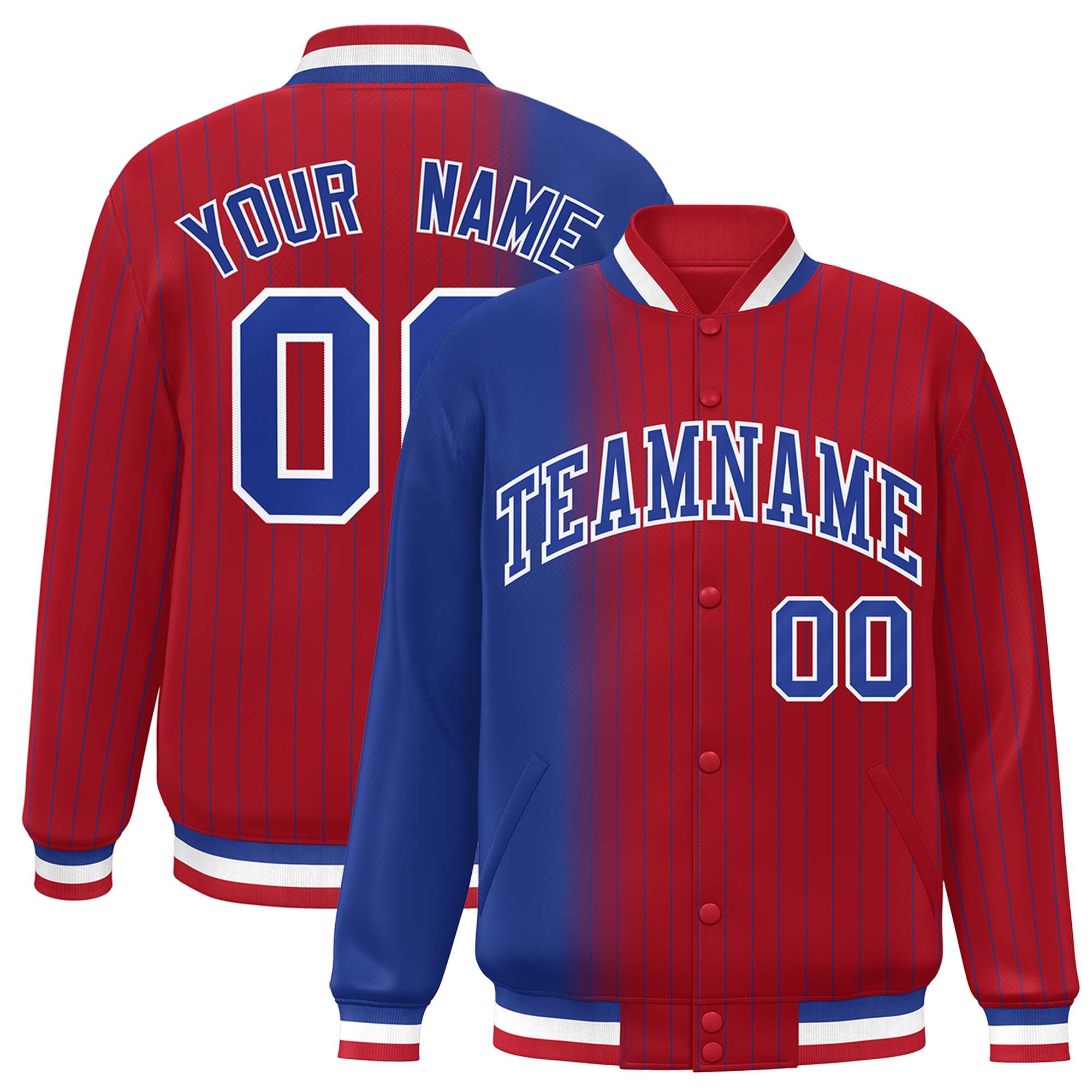 Custom Red Royal Gradient Varsity Full-Snap Pinstripe Letterman Baseball Jacket