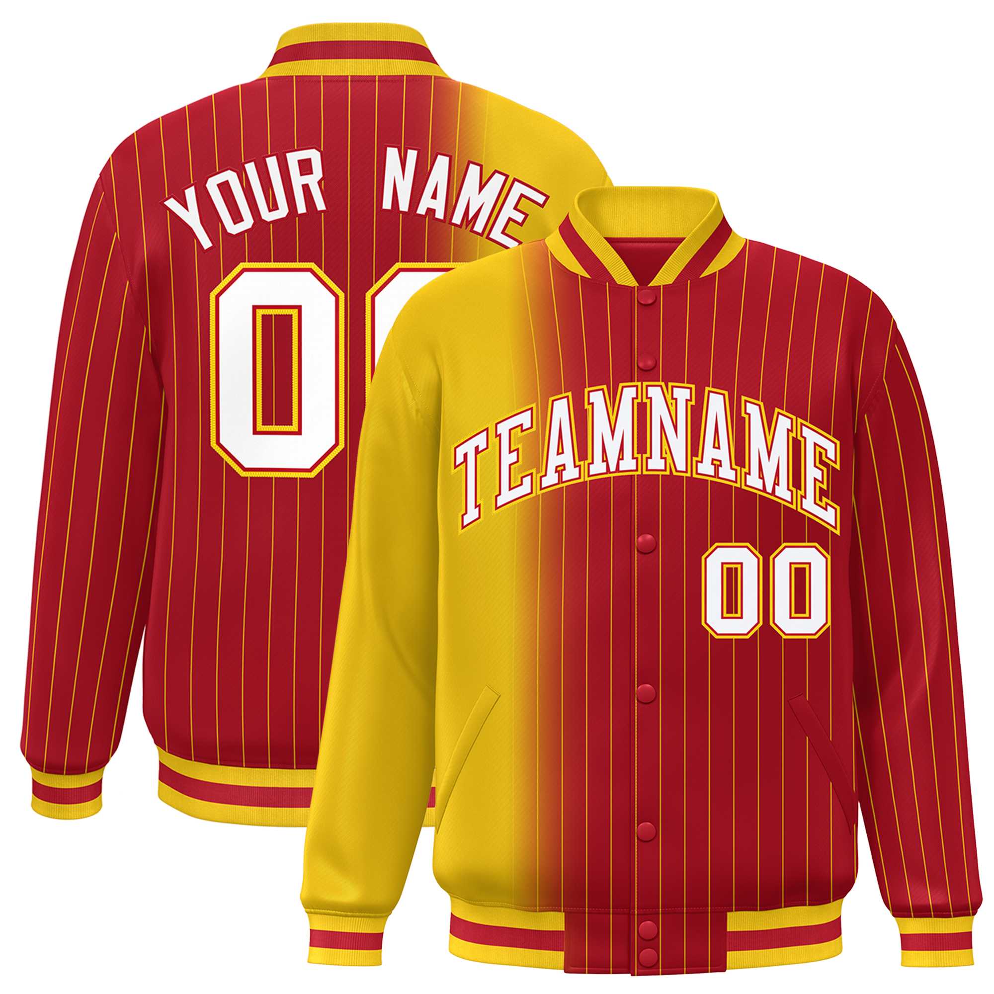 Custom Red Gold Gradient Varsity Full-Snap Pinstripe Letterman Baseball Jacket