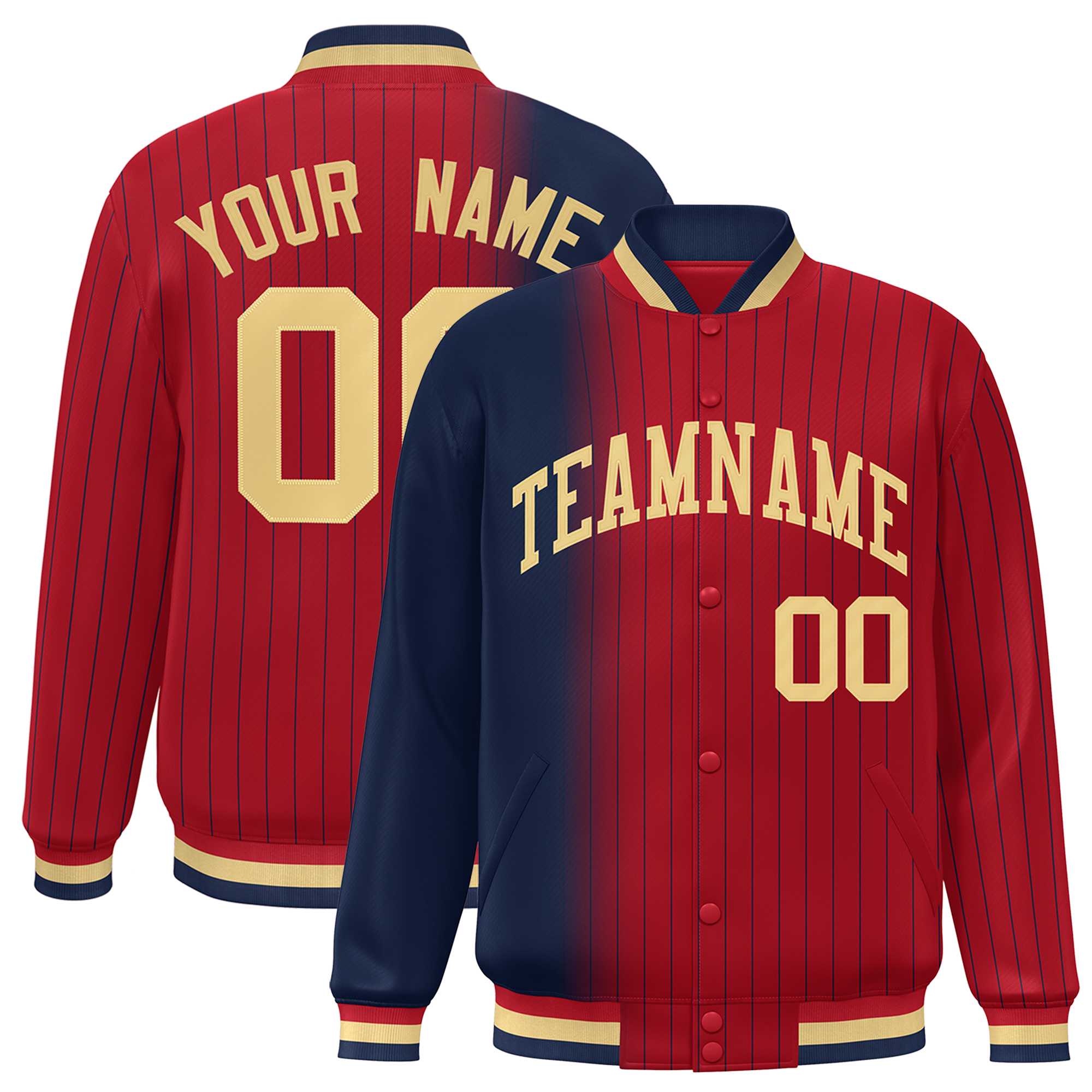 Custom Red Navy Gradient Varsity Full-Snap Pinstripe Letterman Baseball Jacket