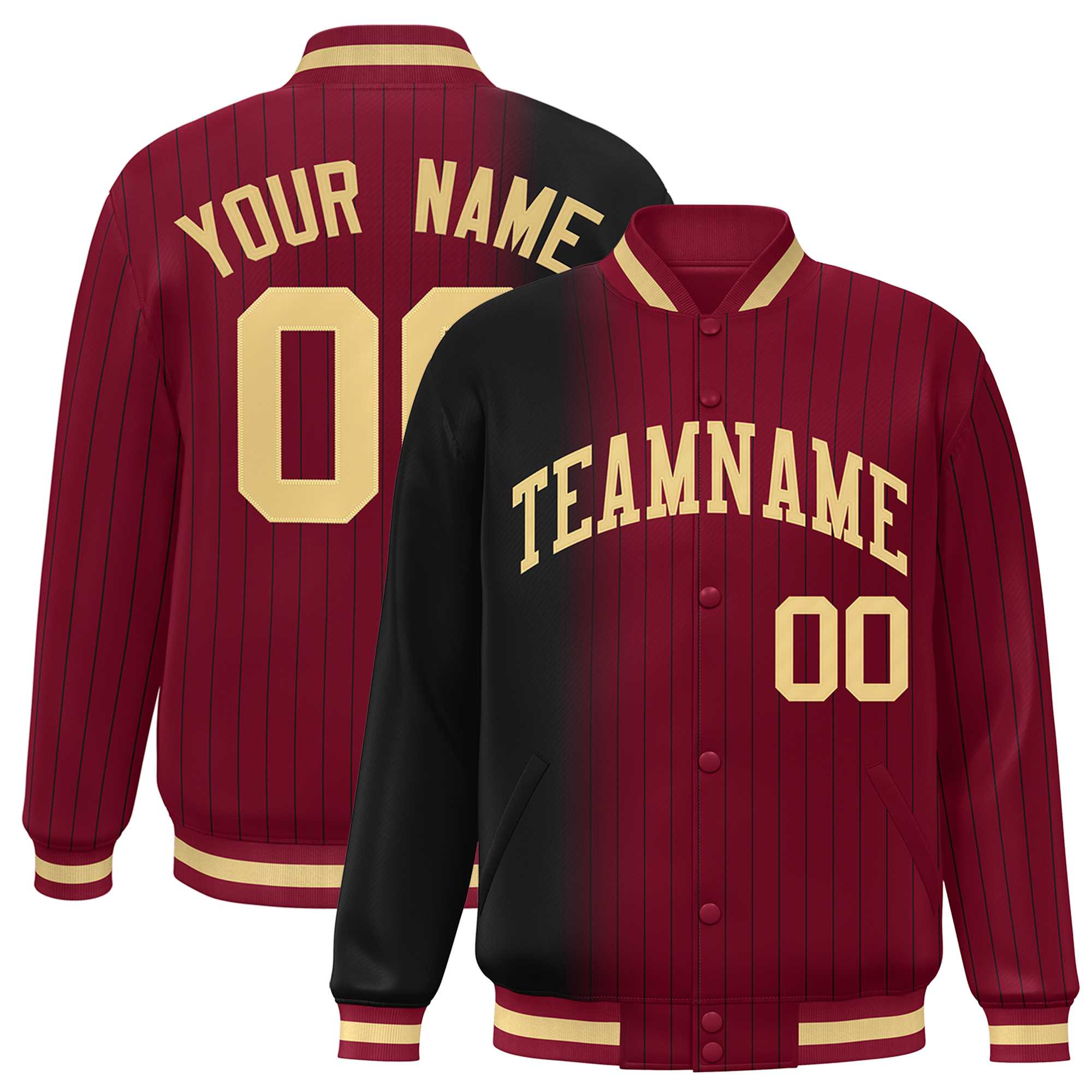 Custom Crimson Black Gradient Varsity Full-Snap Pinstripe Letterman Baseball Jacket