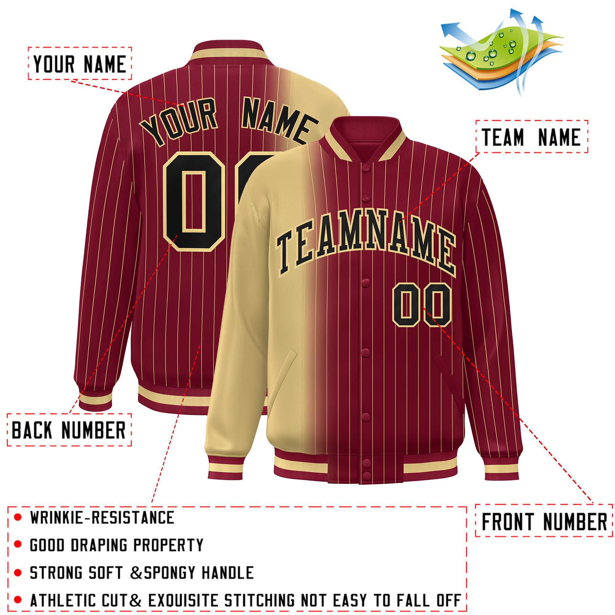 Custom Crimson Khaki Gradient Varsity Full-Snap Pinstripe Letterman Baseball Jacket