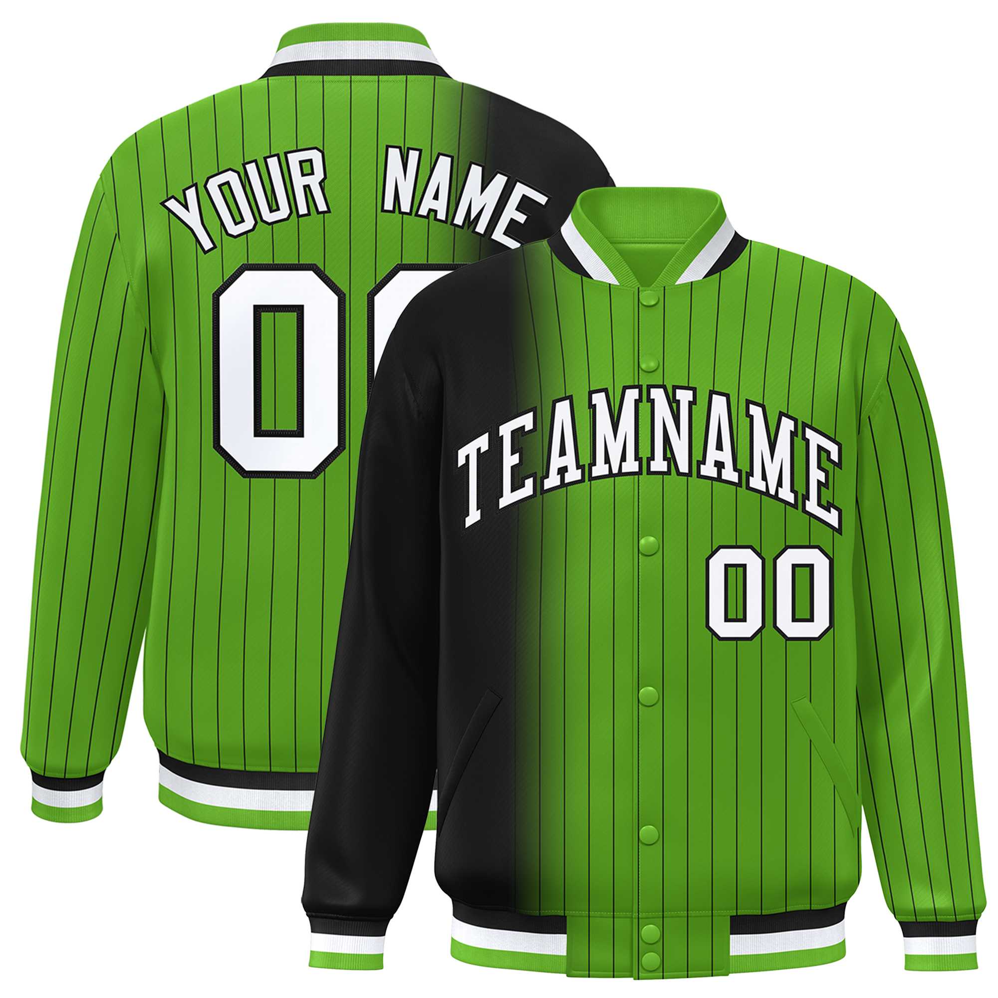 Custom Neon Green Black Gradient Varsity Full-Snap Pinstripe Letterman Baseball Jacket