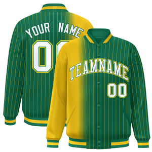 Custom Kelly Green Gold Gradient Varsity Full-Snap Pinstripe Letterman Baseball Jacket