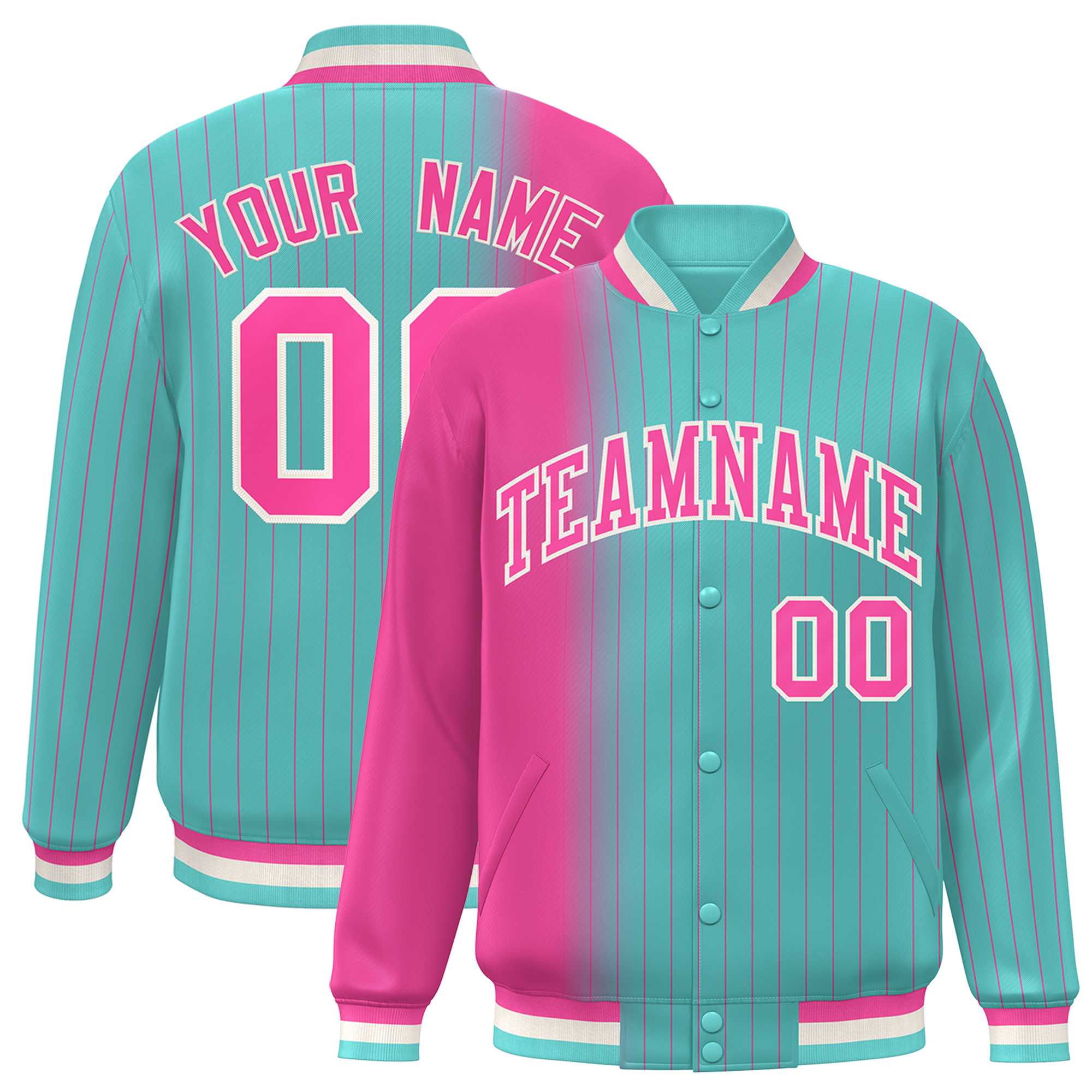 Custom Bright Green Pink Gradient Varsity Full-Snap Pinstripe Letterman Baseball Jacket