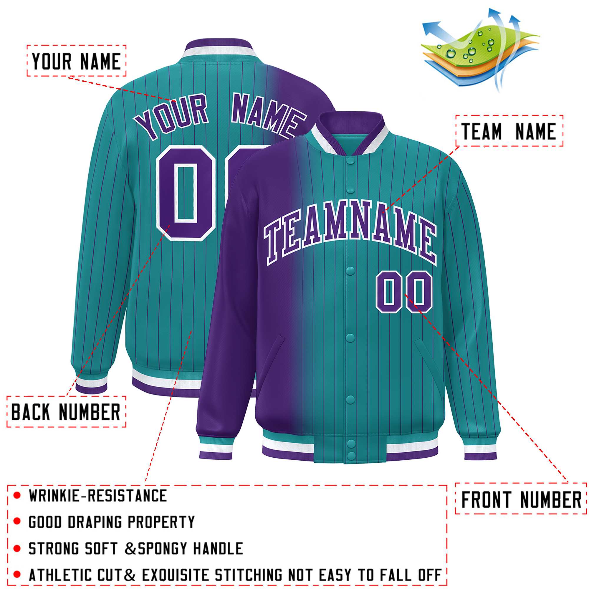 Custom Aqua Purple Gradient Varsity Full-Snap Pinstripe Letterman Baseball Jacket