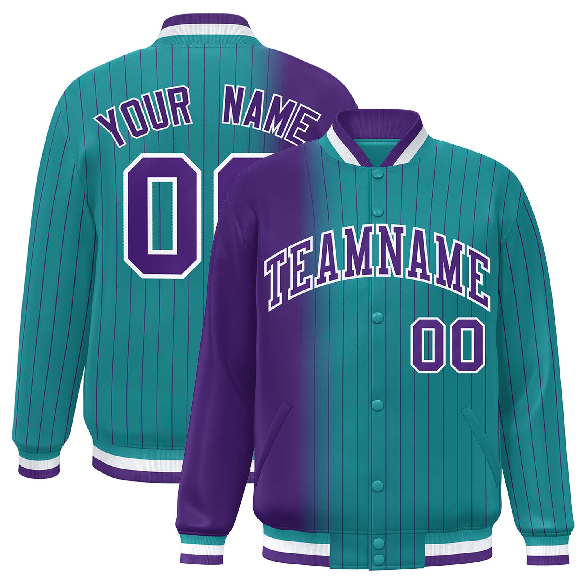 Custom Aqua Purple Gradient Varsity Full-Snap Pinstripe Letterman Baseball Jacket