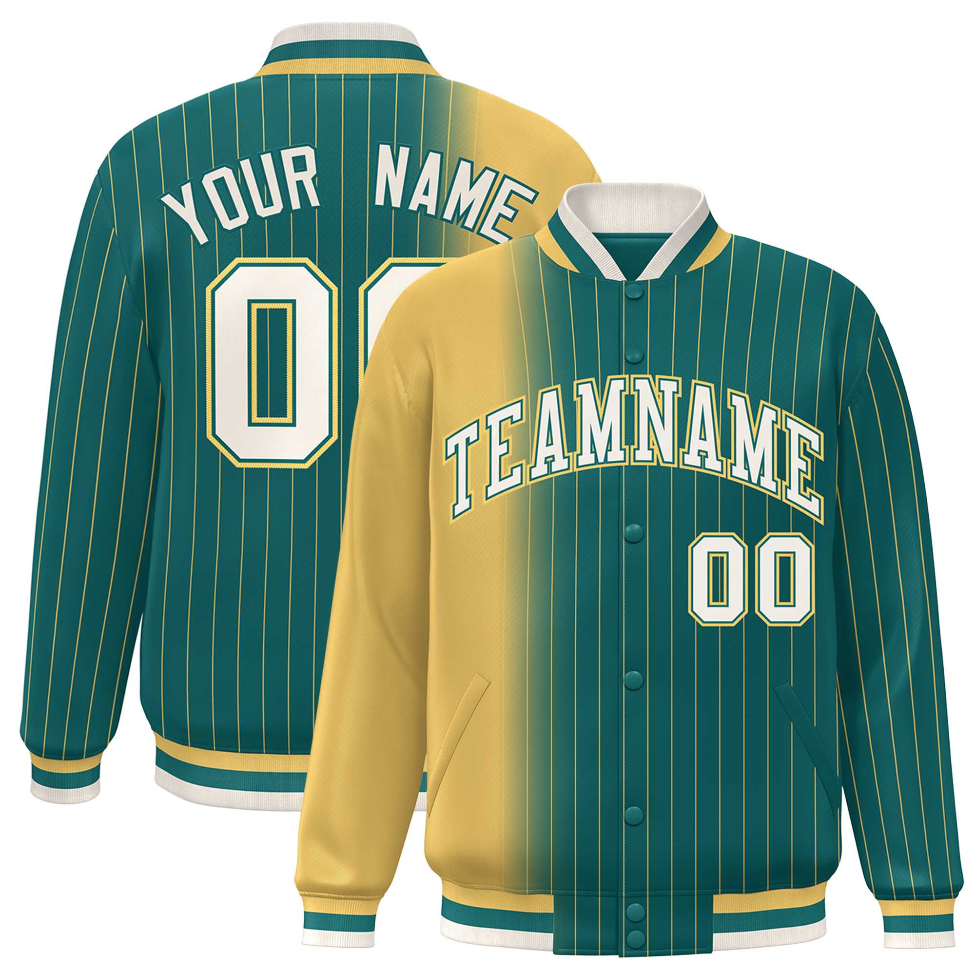 Custom AquaYellowGradient Varsity Full-Snap Pinstripe Letterman Baseball Jacket