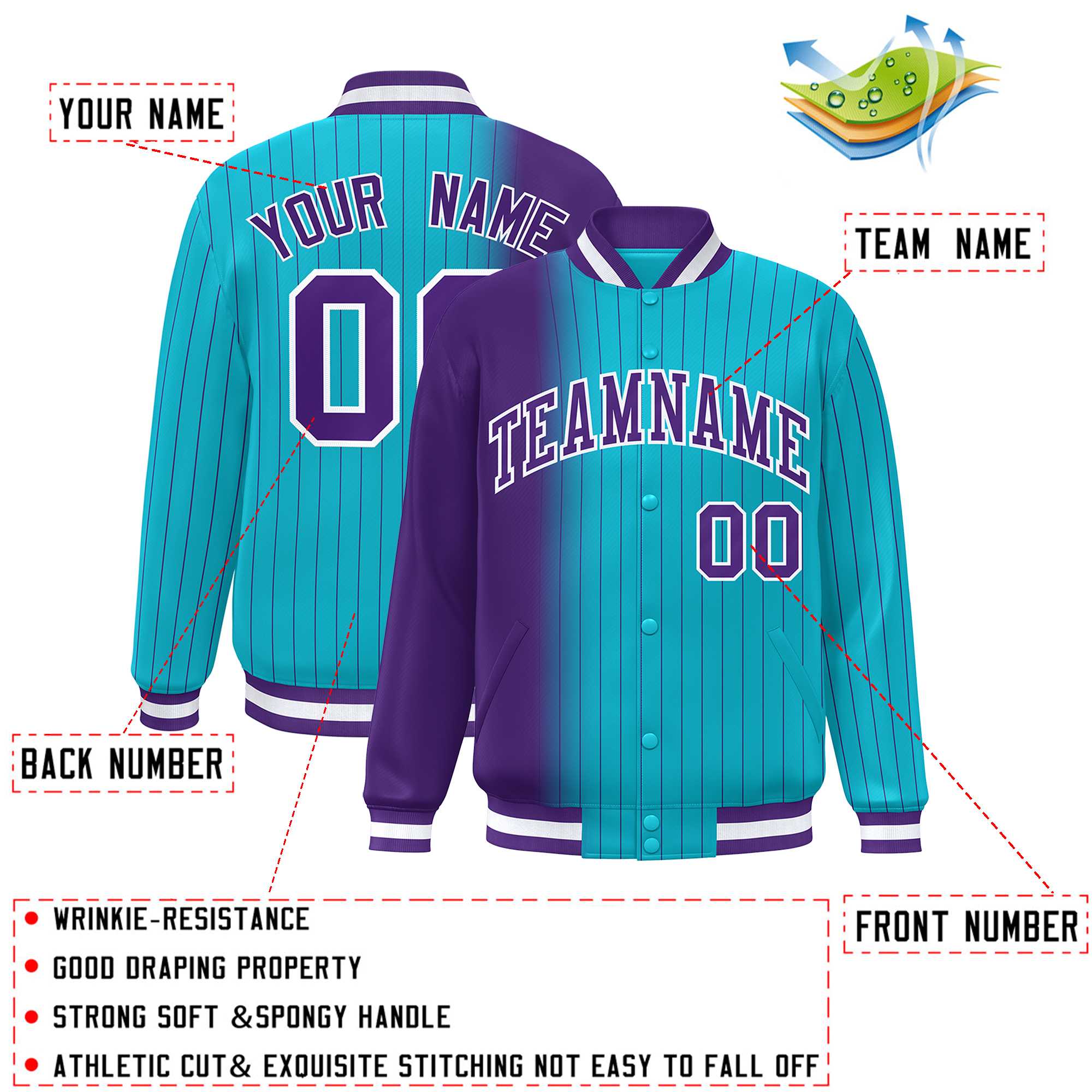 Custom Sky Blue Purple Gradient Varsity Full-Snap Pinstripe Letterman Baseball Jacket