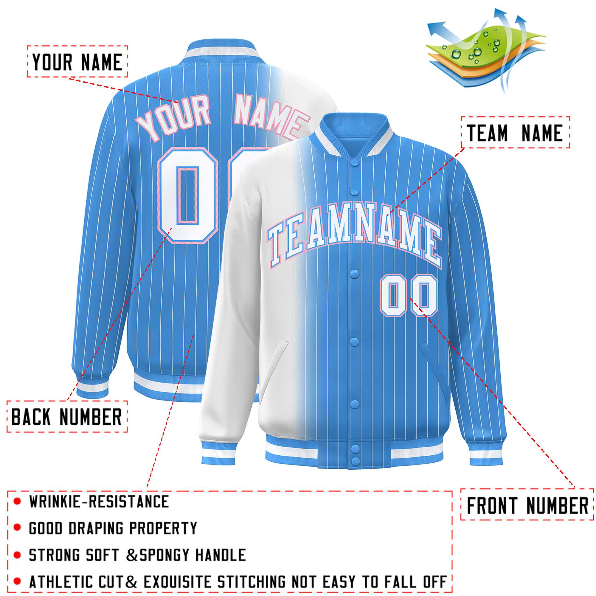 Custom Powder Blue White Gradient Varsity Full-Snap Pinstripe Letterman Baseball Jacket