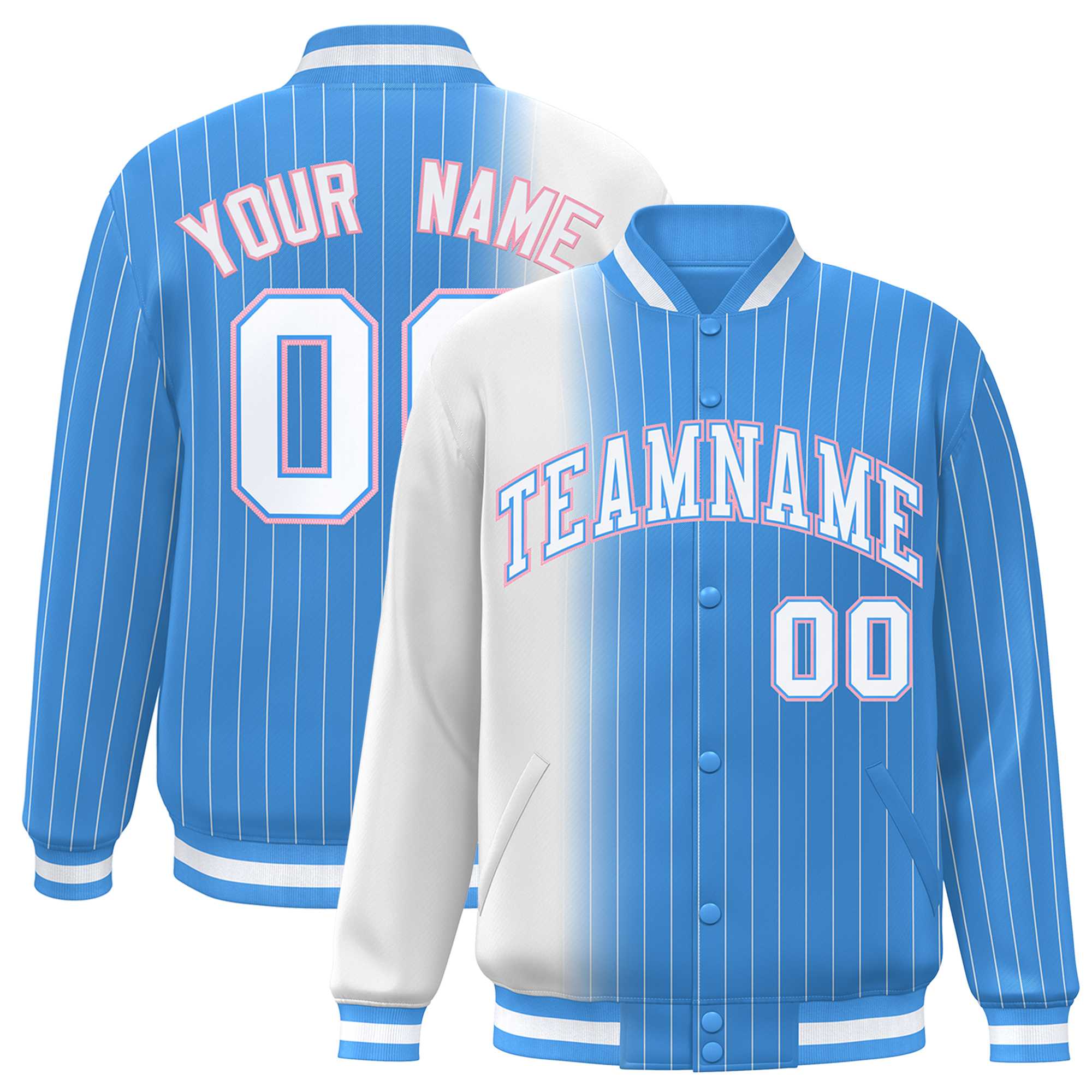 Custom Powder Blue White Gradient Varsity Full-Snap Pinstripe Letterman Baseball Jacket