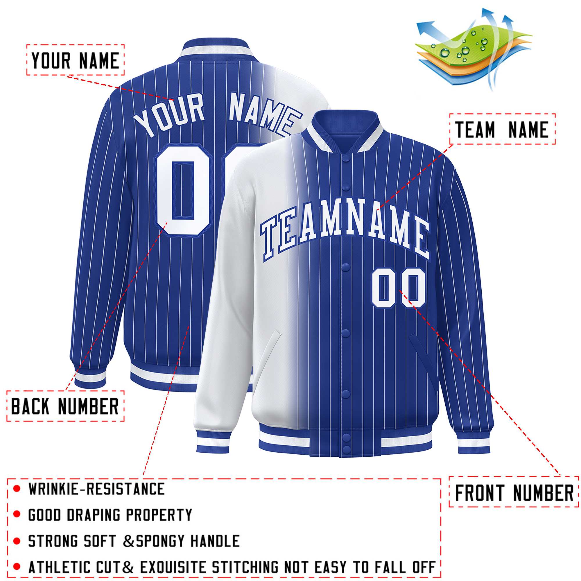 Custom Royal White Gradient Varsity Full-Snap Pinstripe Letterman Baseball Jacket