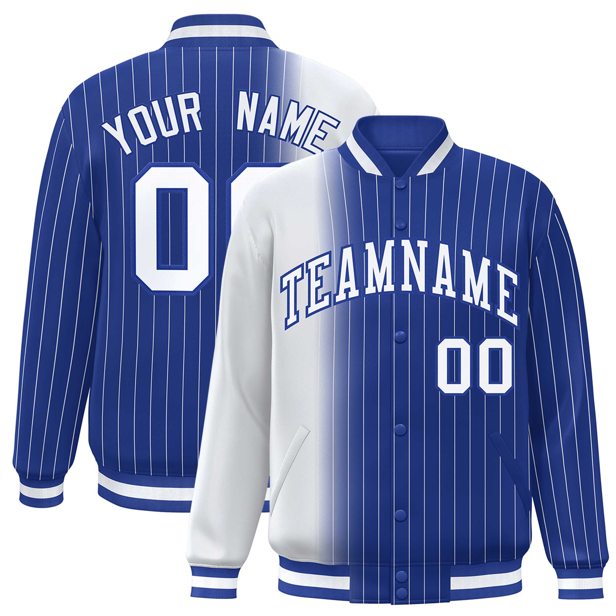 Custom Royal White Gradient Varsity Full-Snap Pinstripe Letterman Baseball Jacket