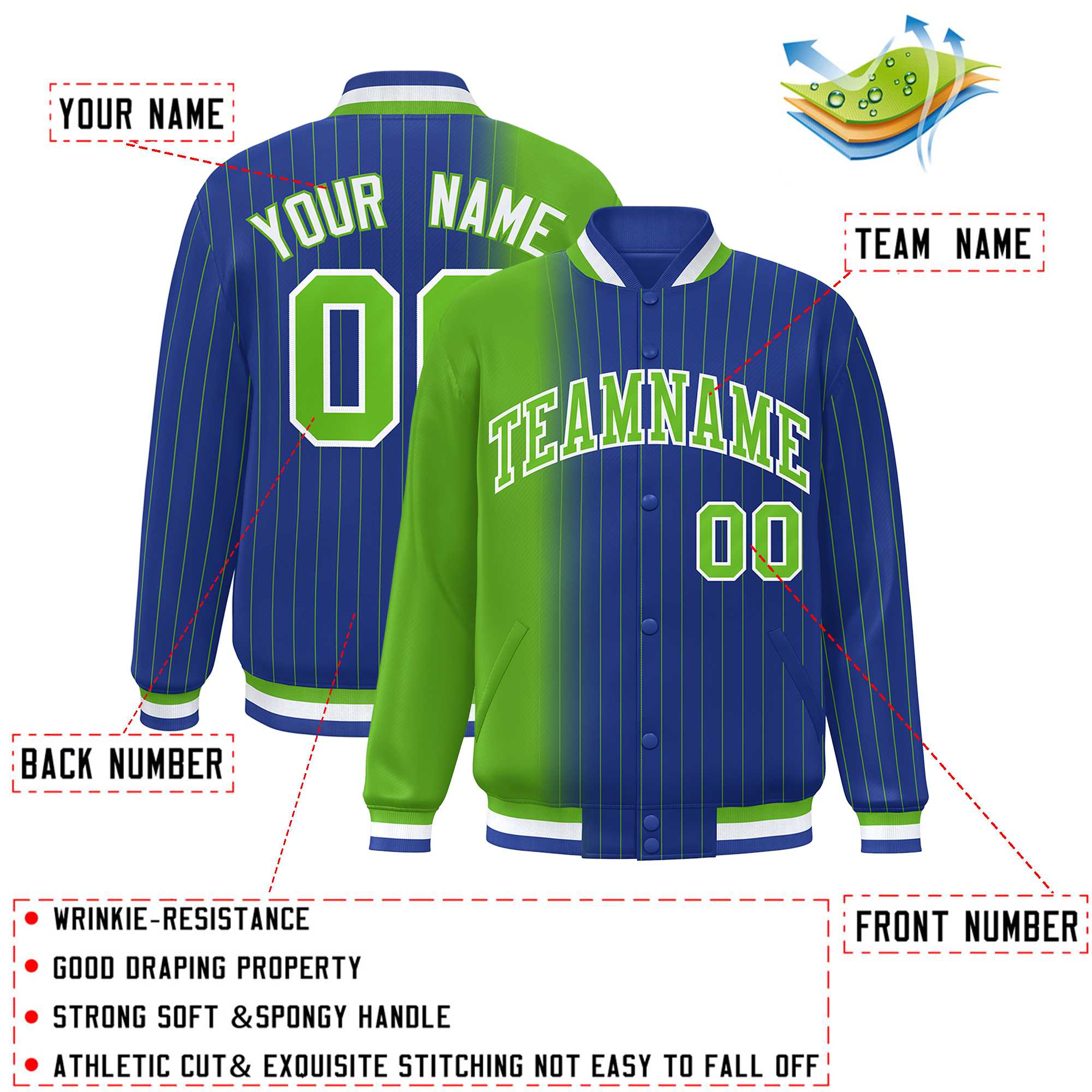 Custom Royal Green Gradient Varsity Full-Snap Pinstripe Letterman Baseball Jacket