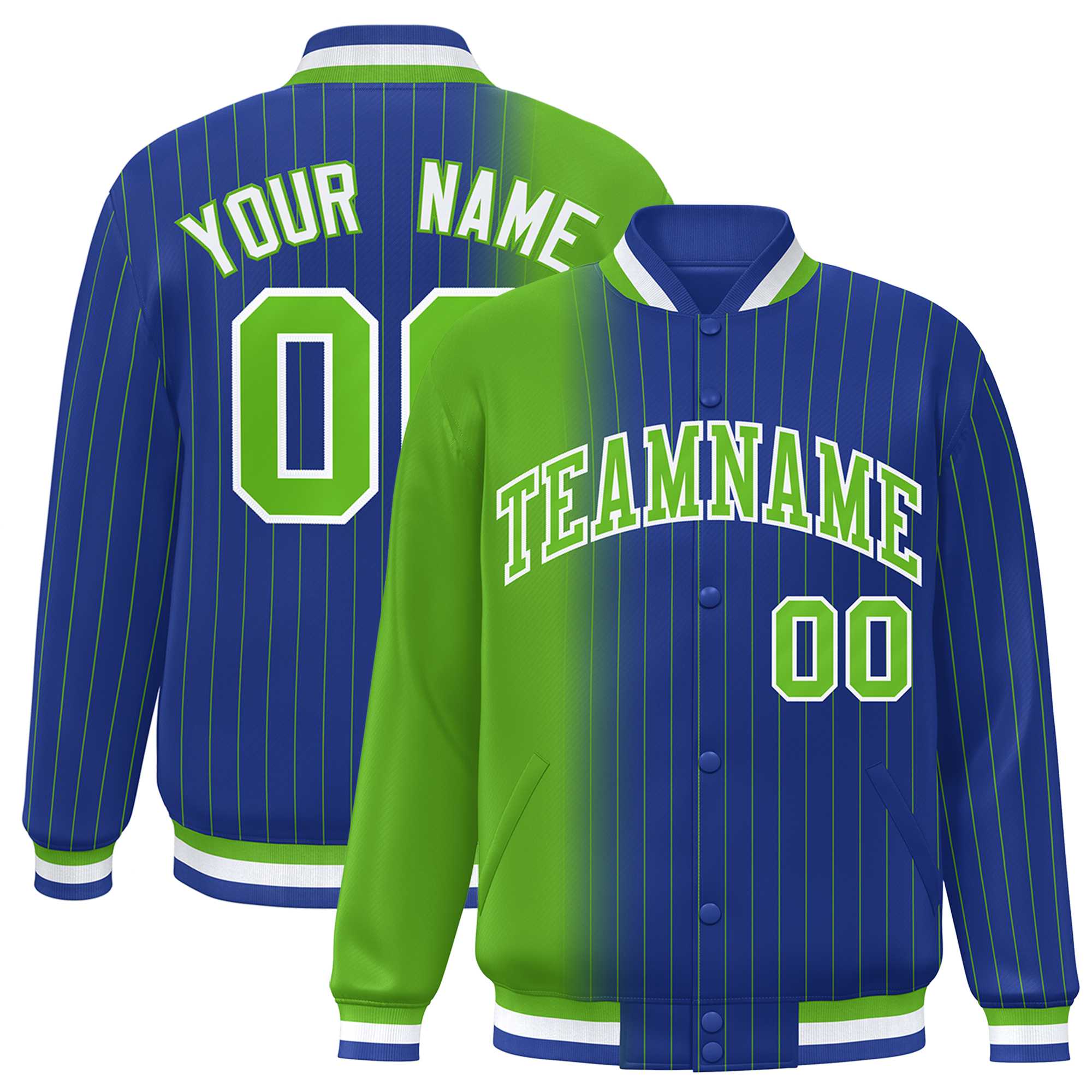 Custom Royal Green Gradient Varsity Full-Snap Pinstripe Letterman Baseball Jacket