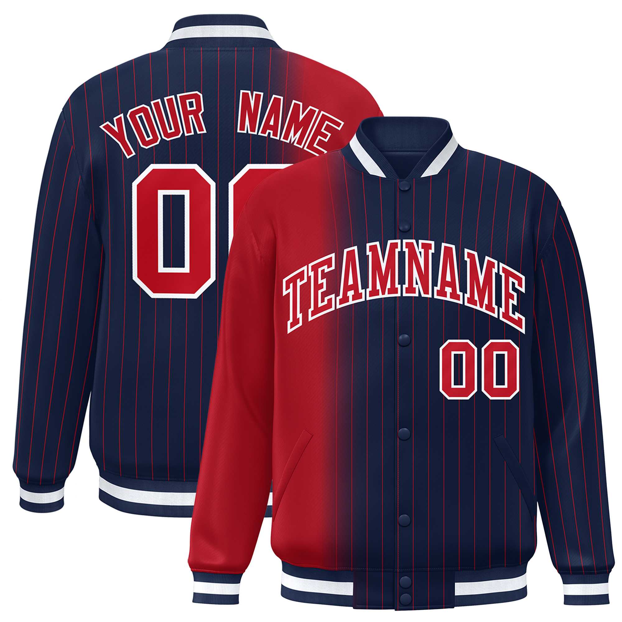 Custom Navy Red Gradient Varsity Full-Snap Pinstripe Letterman Baseball Jacket