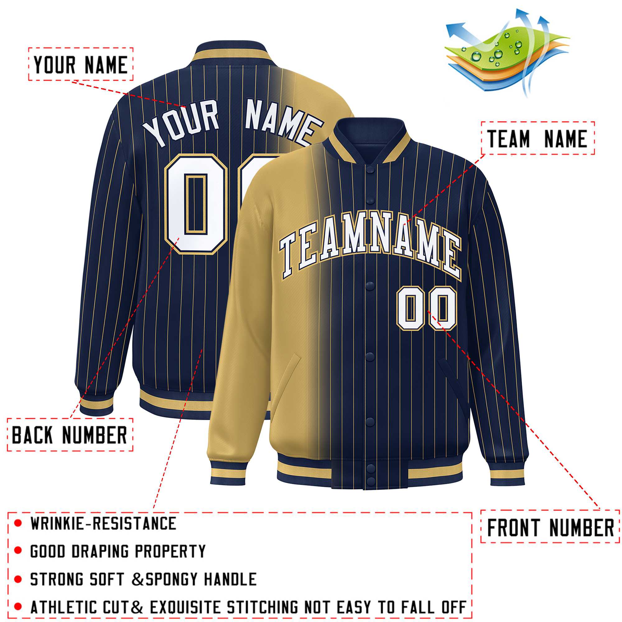 Custom Navy Old Gold Gradient Varsity Full-Snap Pinstripe Letterman Baseball Jacket