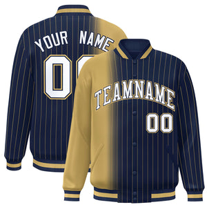 Custom Navy Old Gold Gradient Varsity Full-Snap Pinstripe Letterman Baseball Jacket