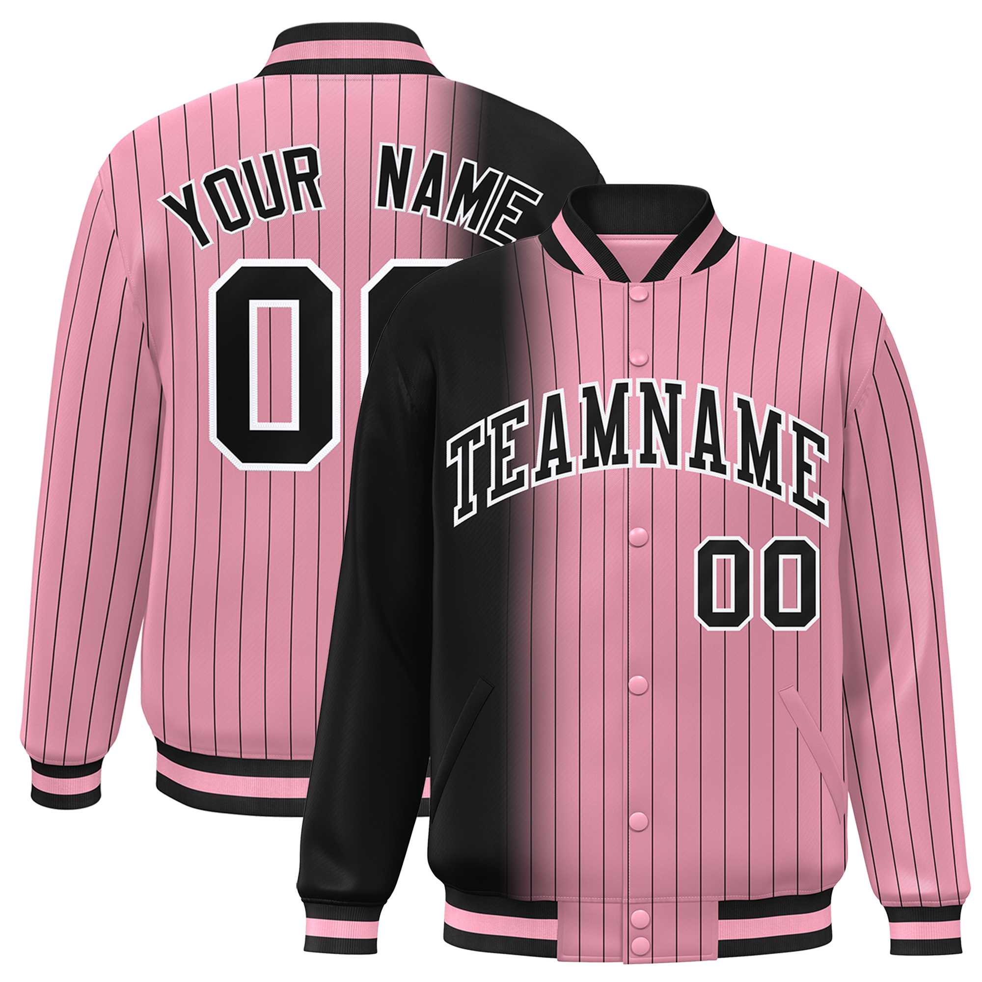 Custom Light Pink Black Gradient Varsity Full-Snap Pinstripe Letterman Baseball Jacket