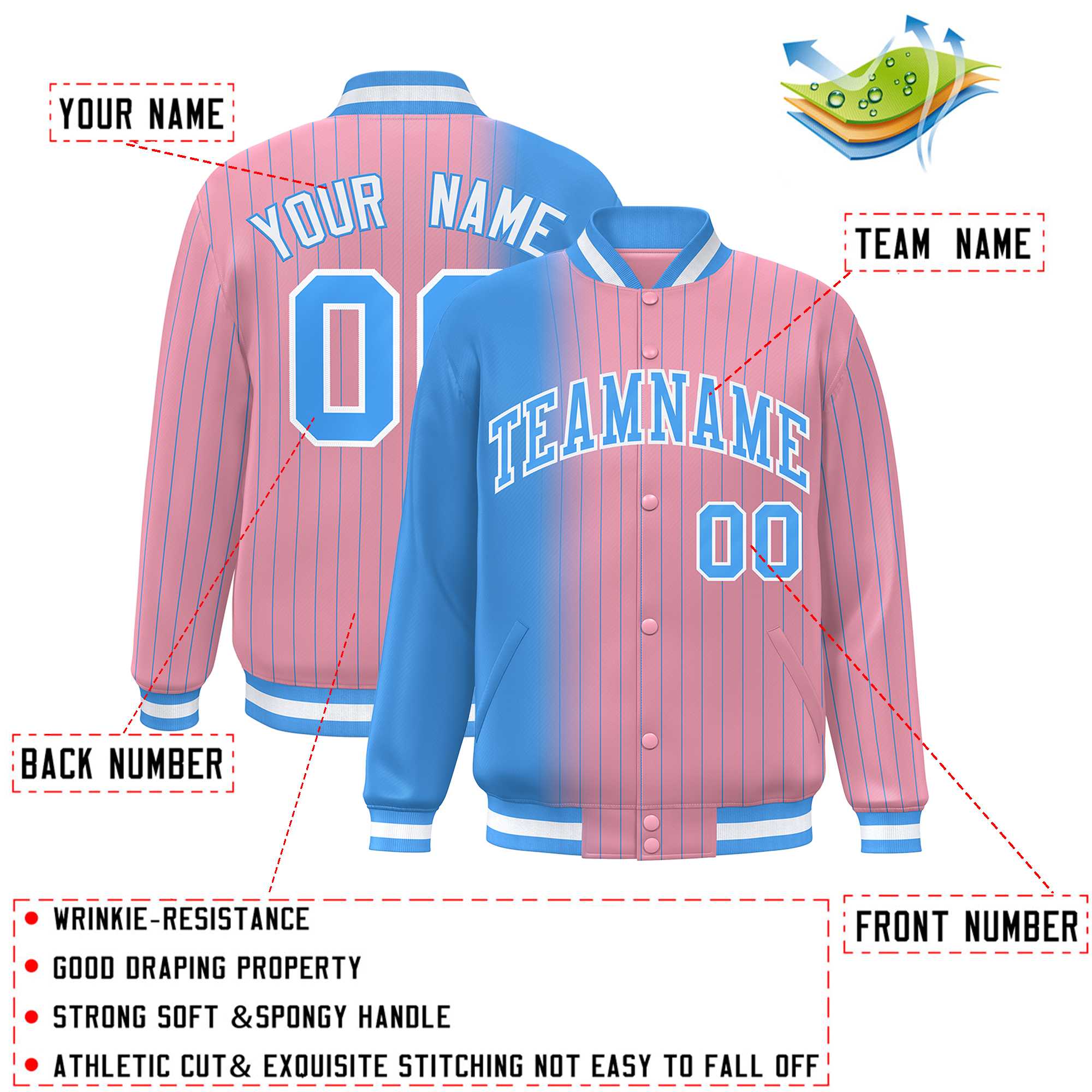 Custom Light Pink Powder Blue Gradient Varsity Full-Snap Pinstripe Letterman Baseball Jacket