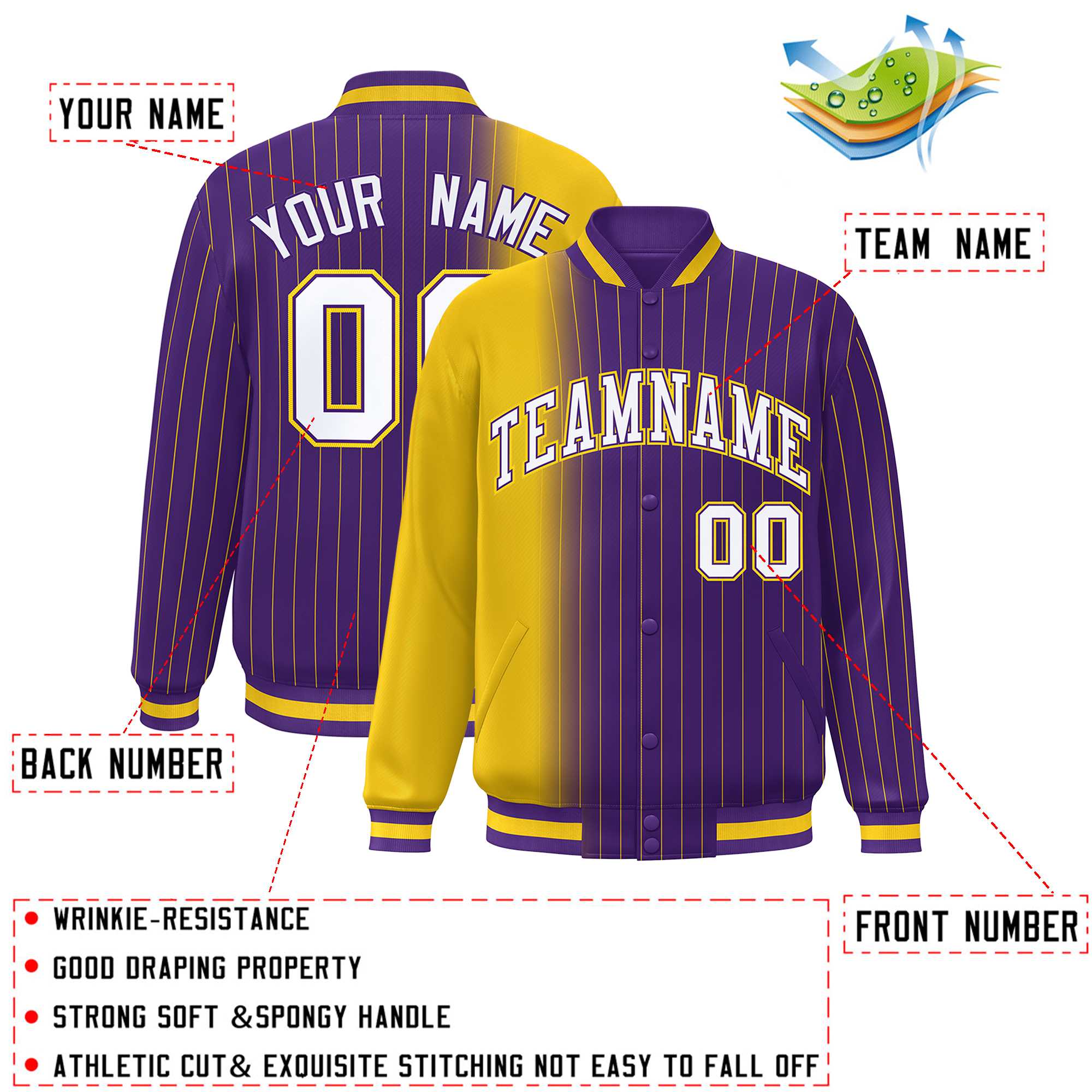 Custom Purple Gold Gradient Varsity Full-Snap Pinstripe Letterman Baseball Jacket