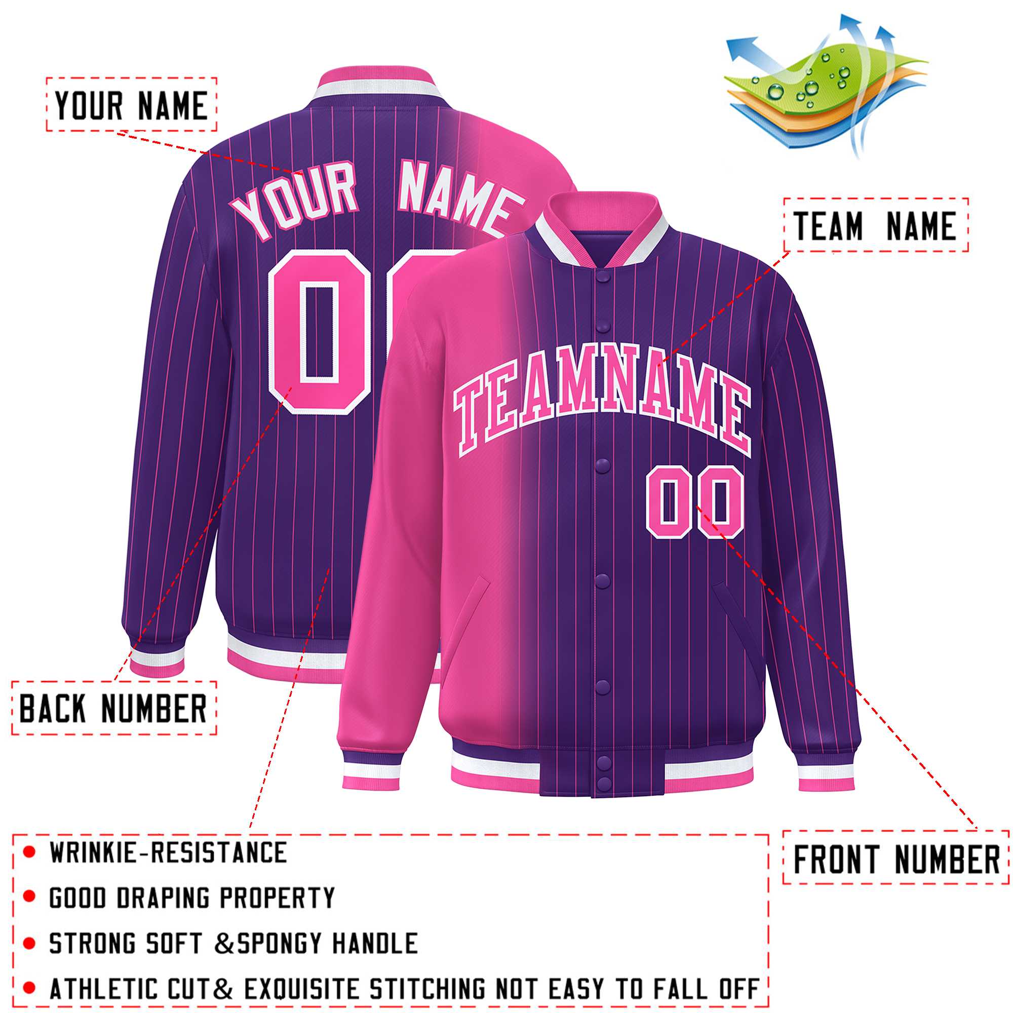 Custom Purple Pink Gradient Varsity Full-Snap Pinstripe Letterman Baseball Jacket