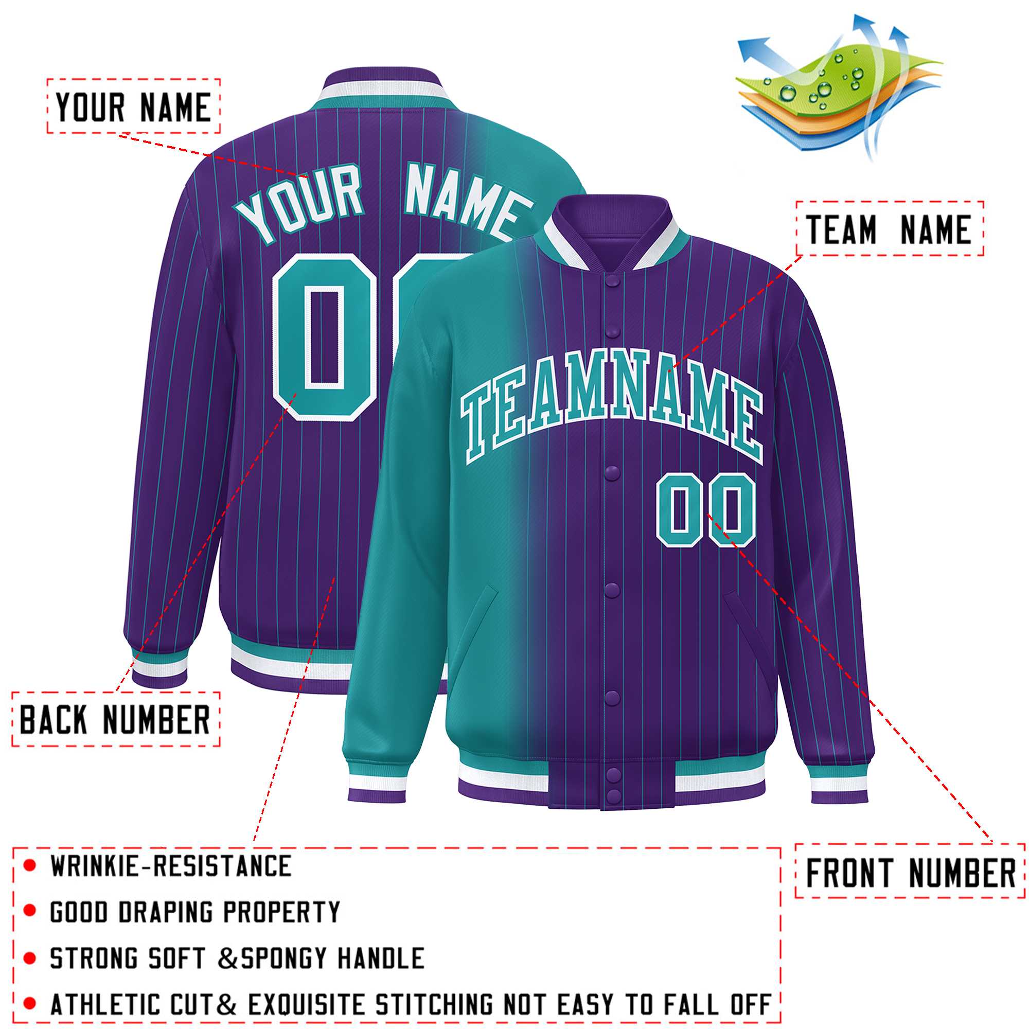 Custom Purple Aqua Gradient Varsity Full-Snap Pinstripe Letterman Baseball Jacket