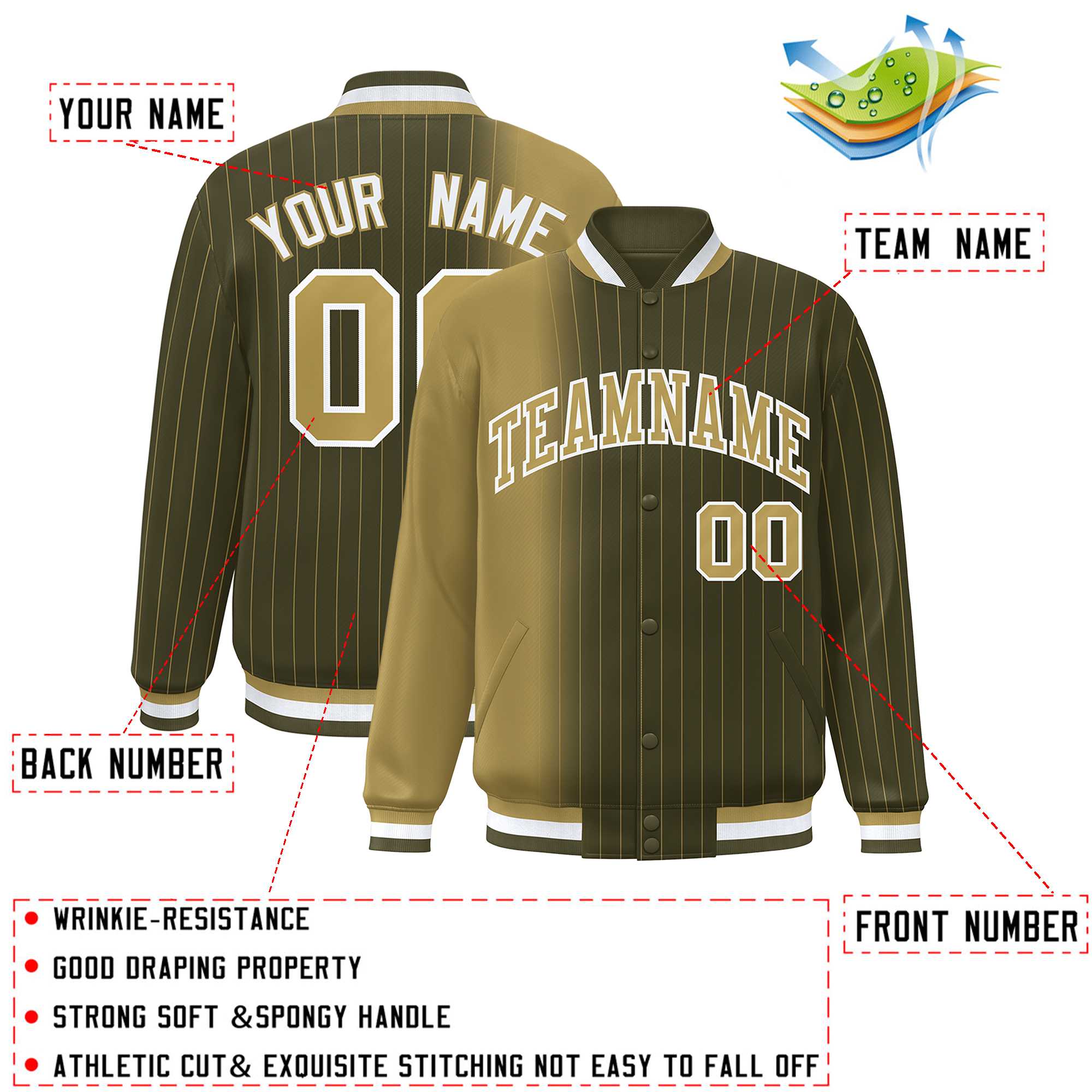 Custom Olive Desert Yellow Gradient Varsity Full-Snap Pinstripe Letterman Baseball Jacket