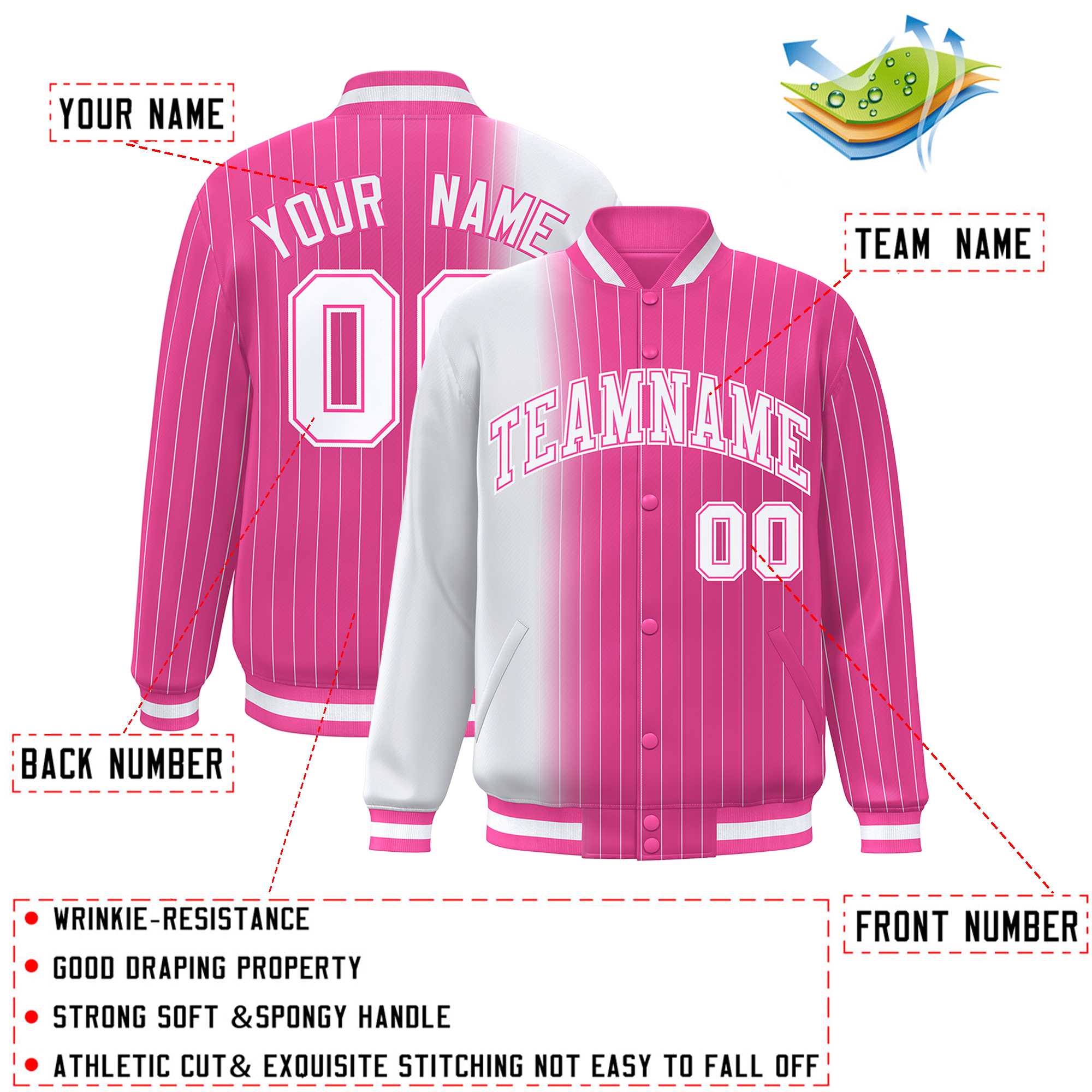 Custom Pink White Gradient Varsity Full-Snap Pinstripe Letterman Baseball Jacket