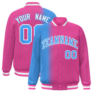 Custom Pink Powder Blue Gradient Varsity Full-Snap Pinstripe Letterman Baseball Jacket