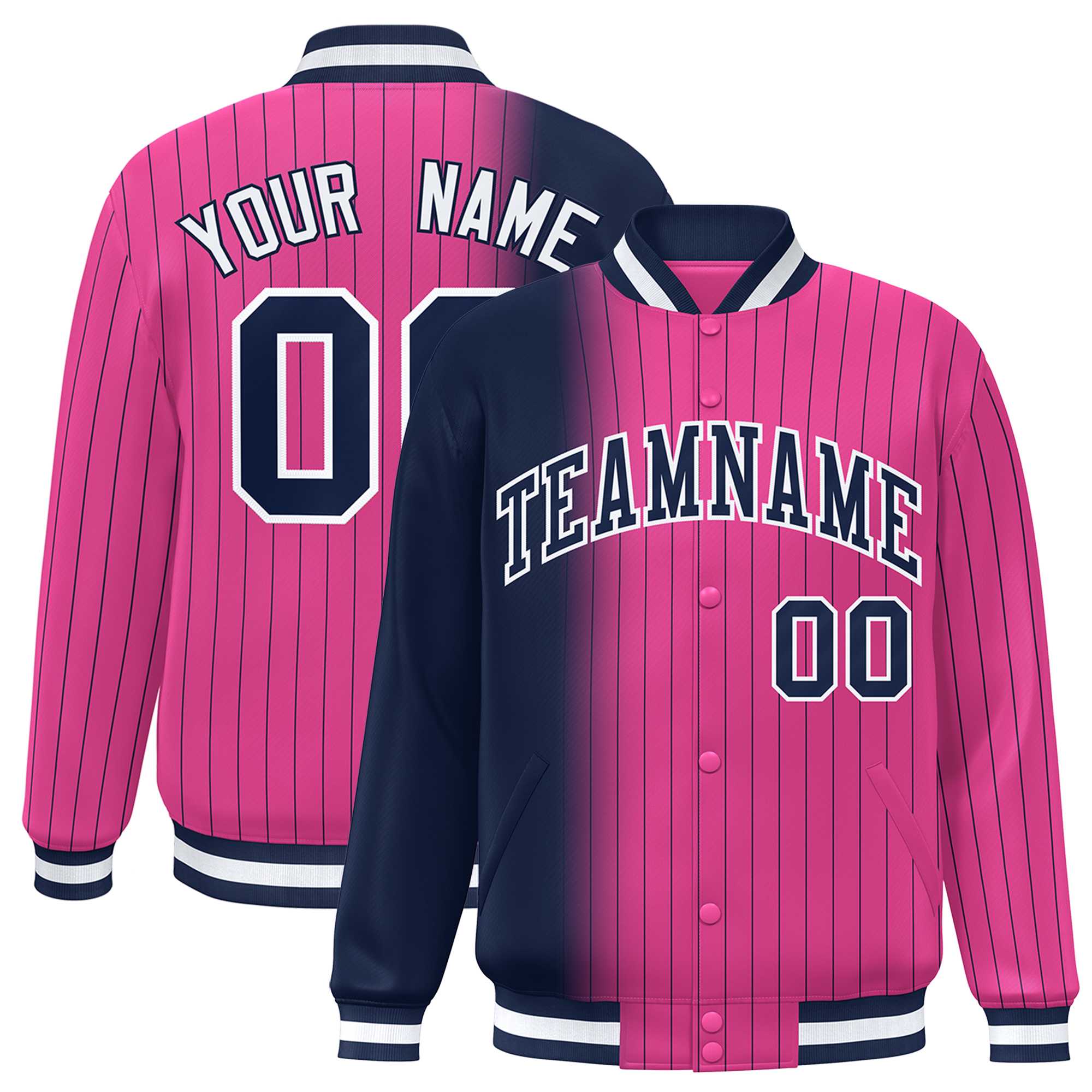 Custom Pink Navy Gradient Varsity Full-Snap Pinstripe Letterman Baseball Jacket