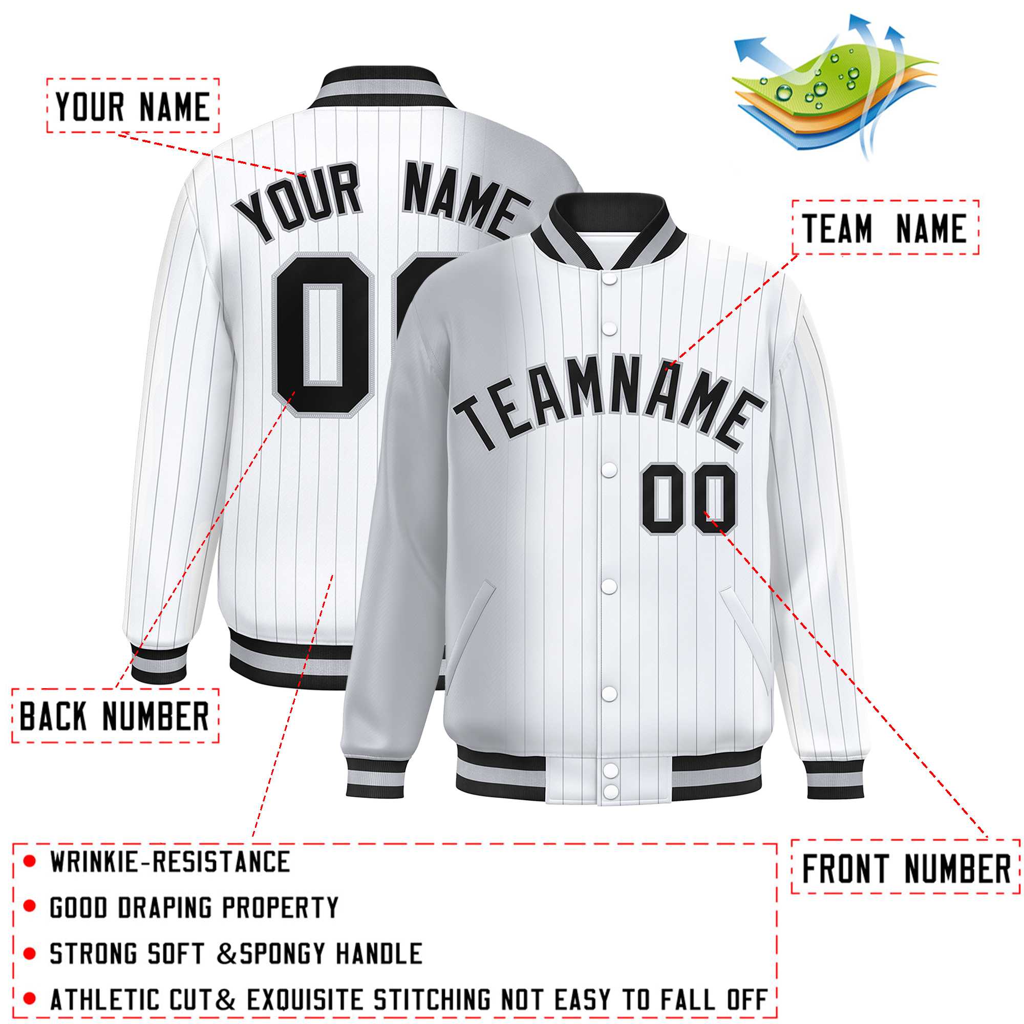 Custom White Gray Gradient Varsity Full-Snap Pinstripe Letterman Baseball Jacket