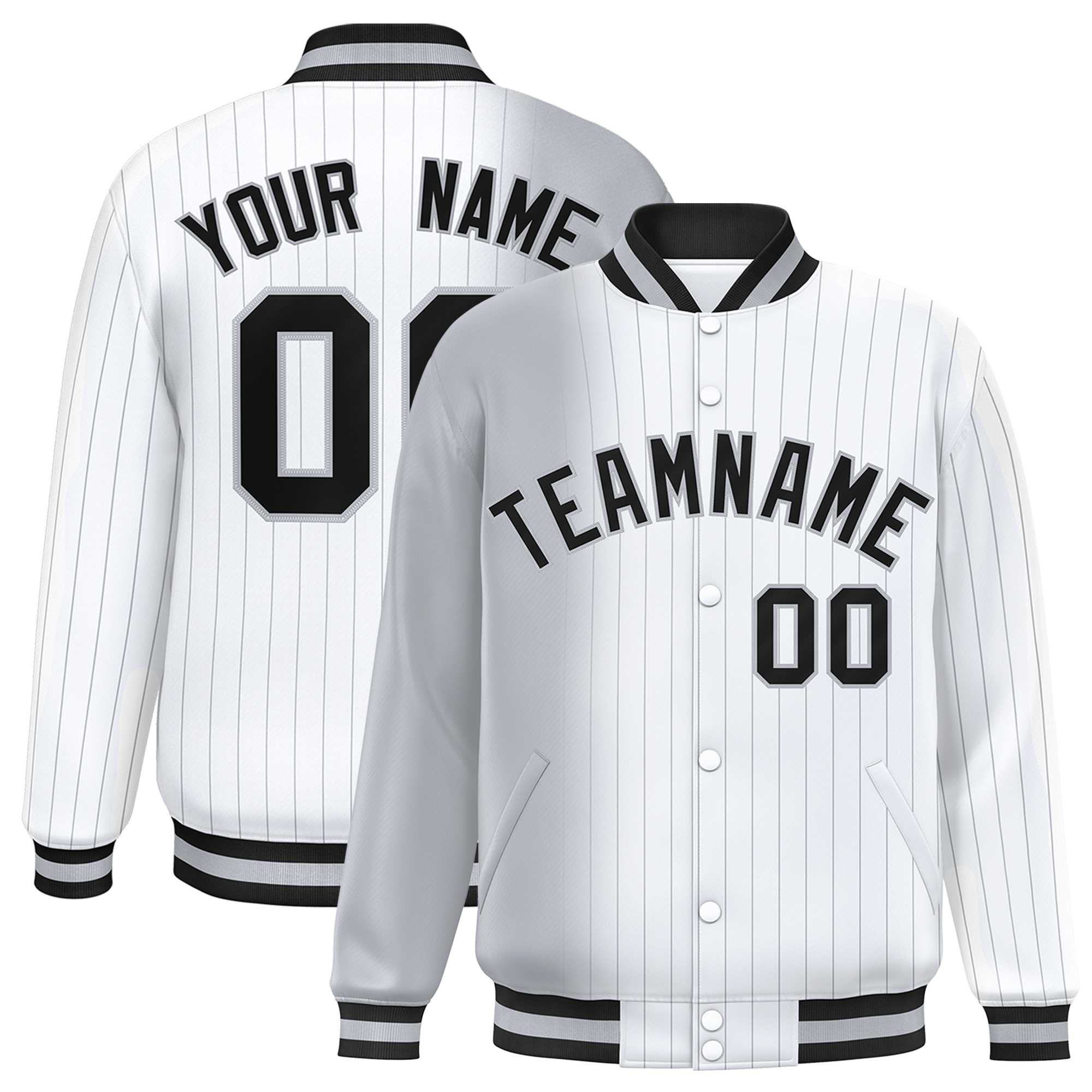 Custom White Gray Gradient Varsity Full-Snap Pinstripe Letterman Baseball Jacket