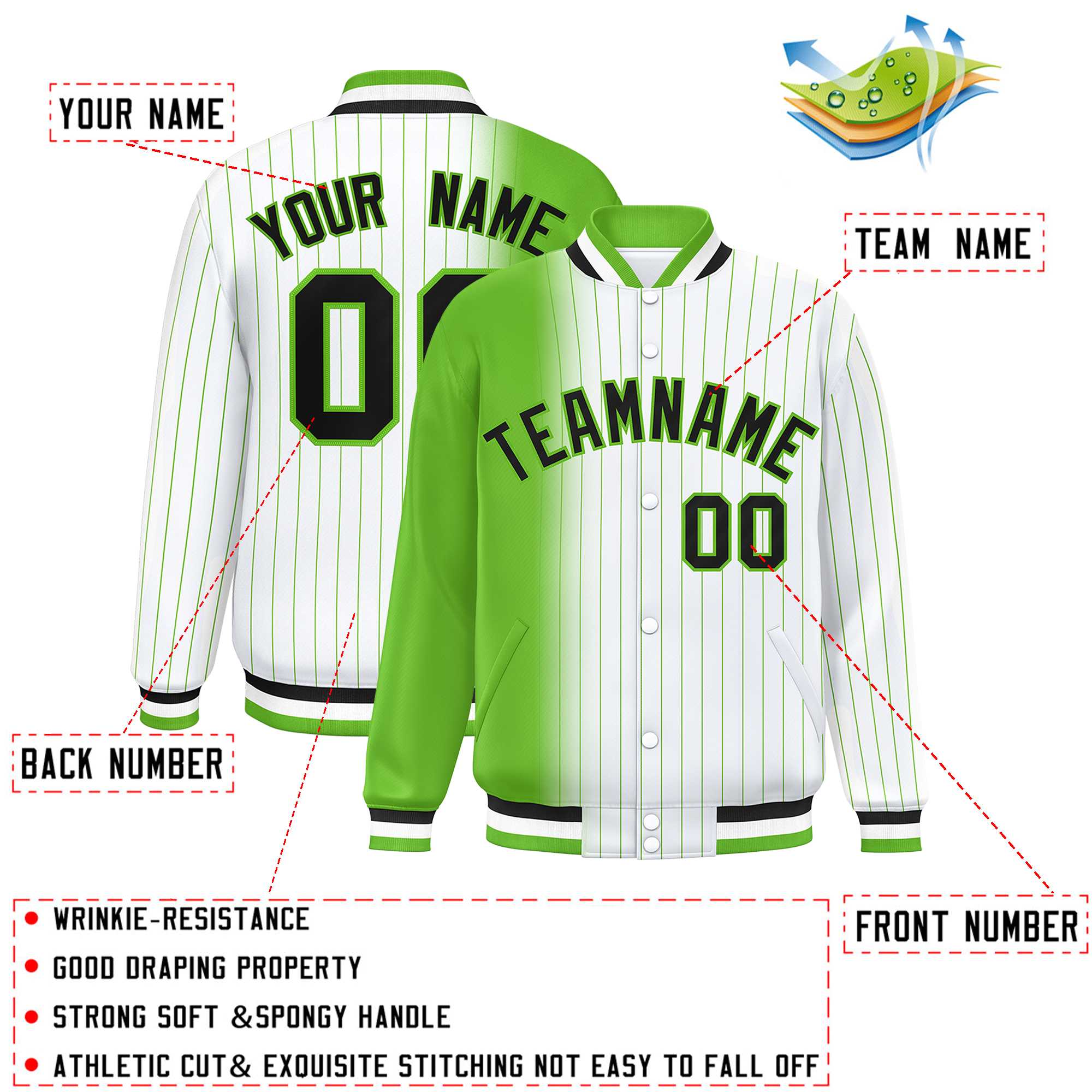 Custom White Green Gradient Varsity Full-Snap Pinstripe Letterman Baseball Jacket