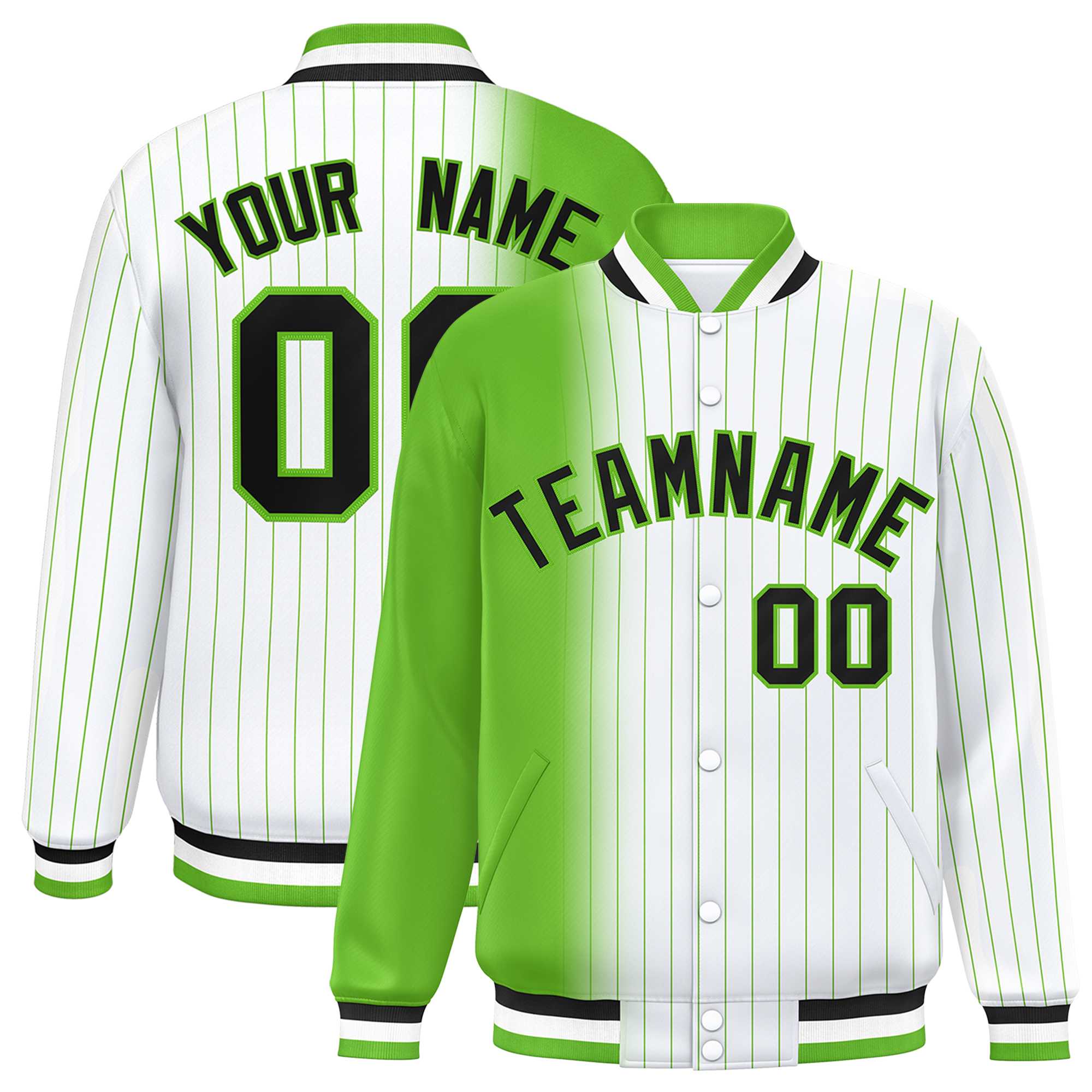 Custom White Green Gradient Varsity Full-Snap Pinstripe Letterman Baseball Jacket