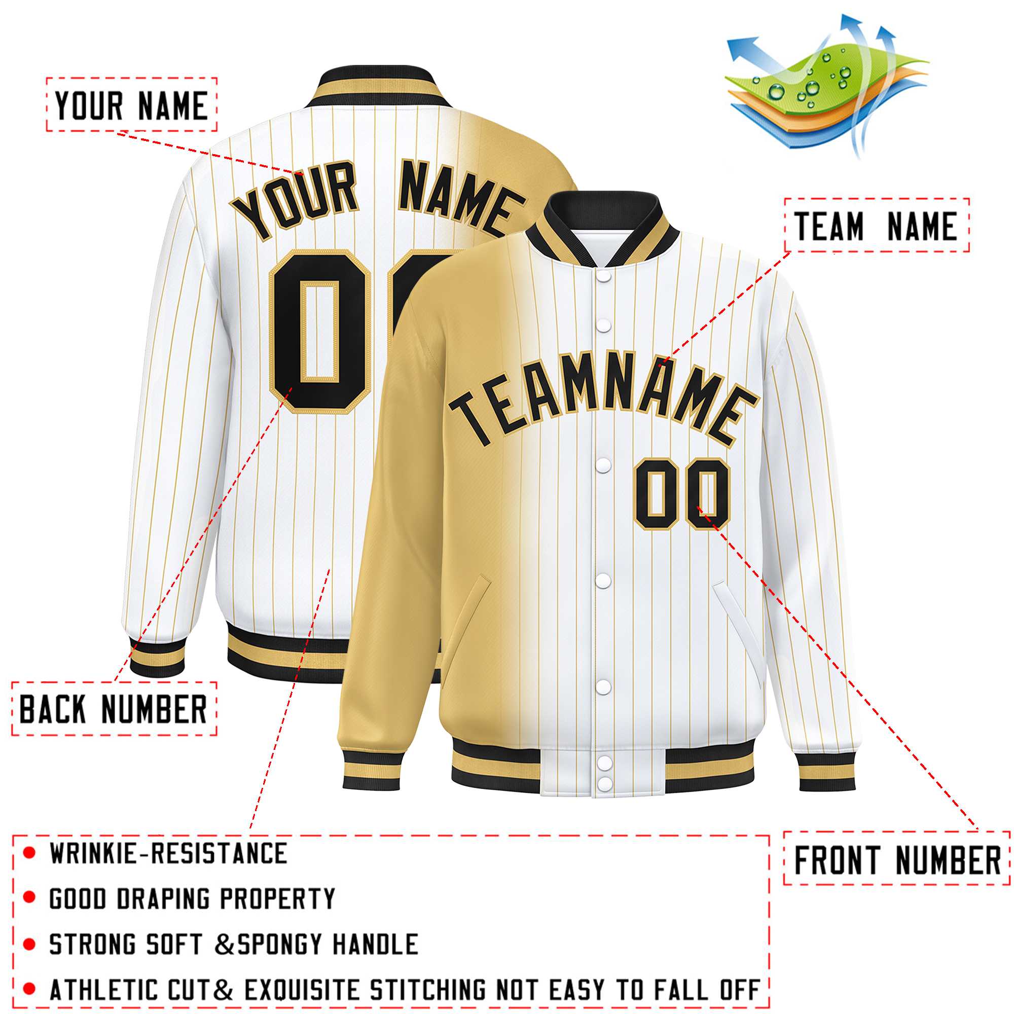 Custom White Old Gold Gradient Varsity Full-Snap Pinstripe Letterman Baseball Jacket