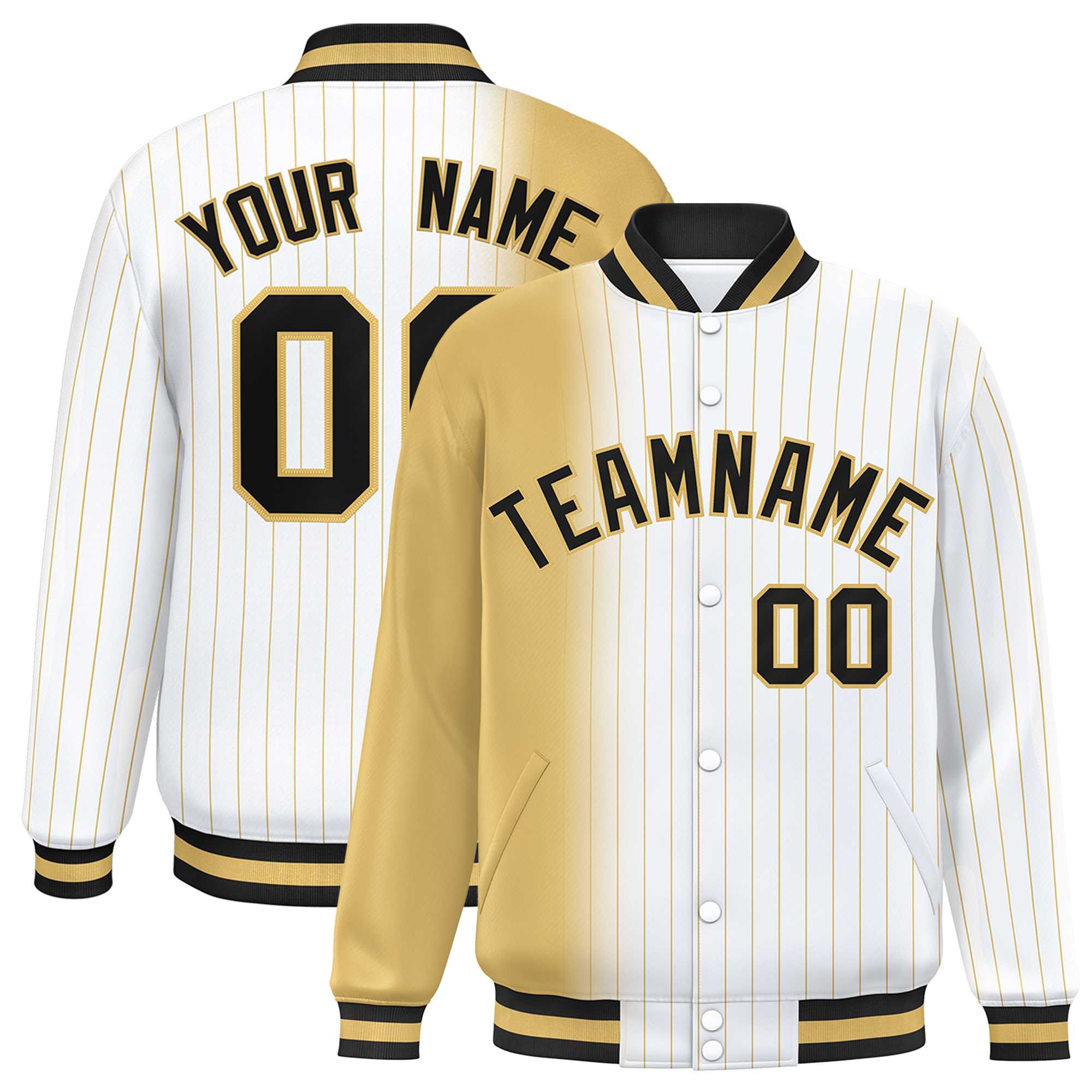 Custom White Old Gold Gradient Varsity Full-Snap Pinstripe Letterman Baseball Jacket