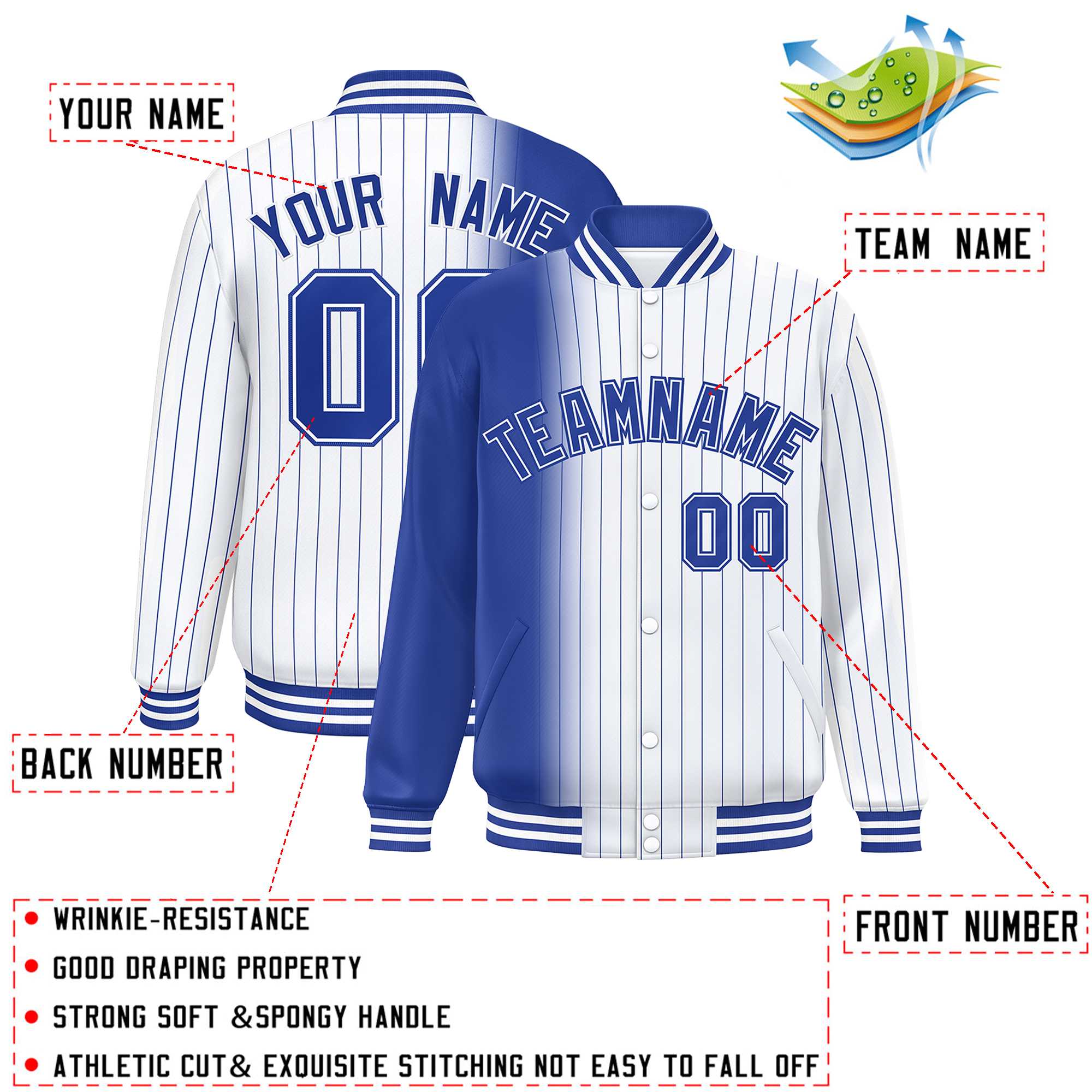 Custom White Royal Gradient Varsity Full-Snap Pinstripe Letterman Baseball Jacket