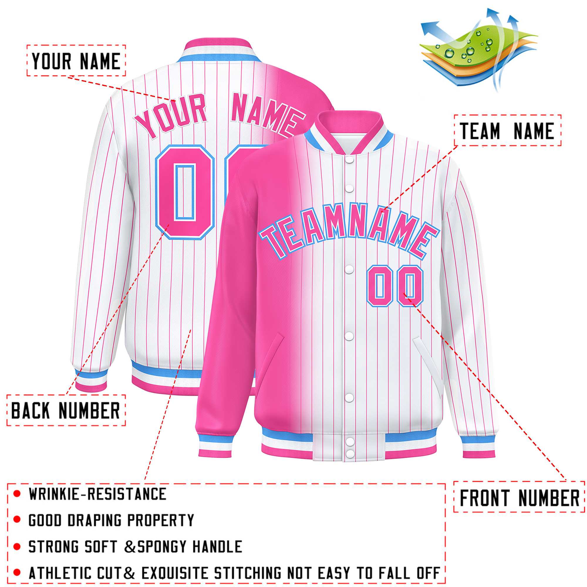 Custom White Pink Gradient Varsity Full-Snap Pinstripe Letterman Baseball Jacket