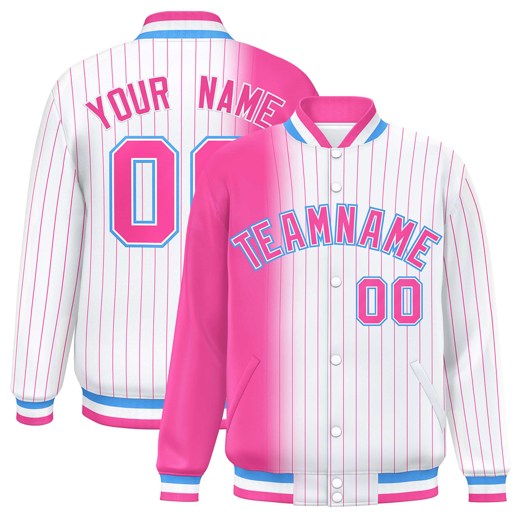 Custom White Pink Gradient Varsity Full-Snap Pinstripe Letterman Baseball Jacket