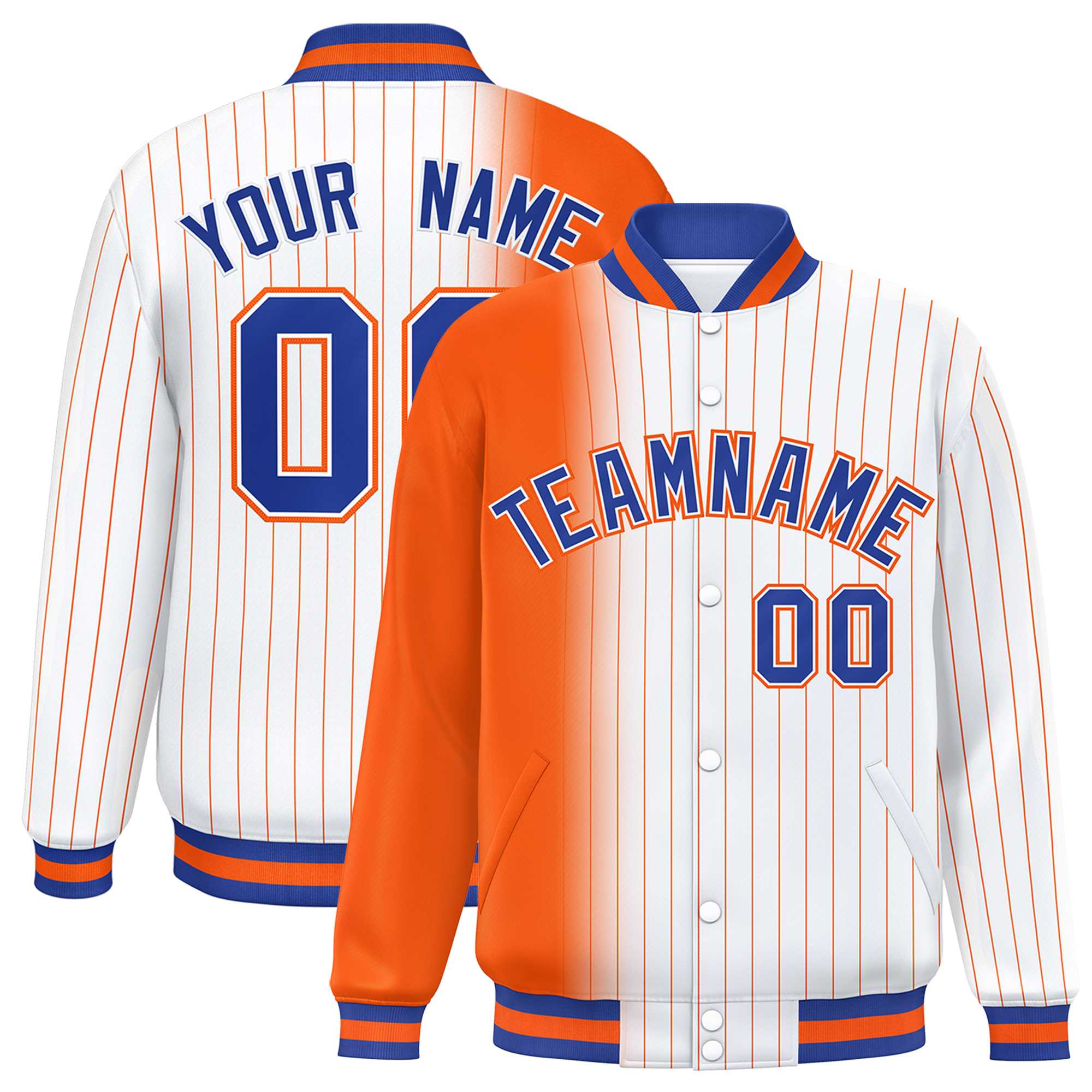 Custom White Orange Gradient Varsity Full-Snap Pinstripe Letterman Baseball Jacket