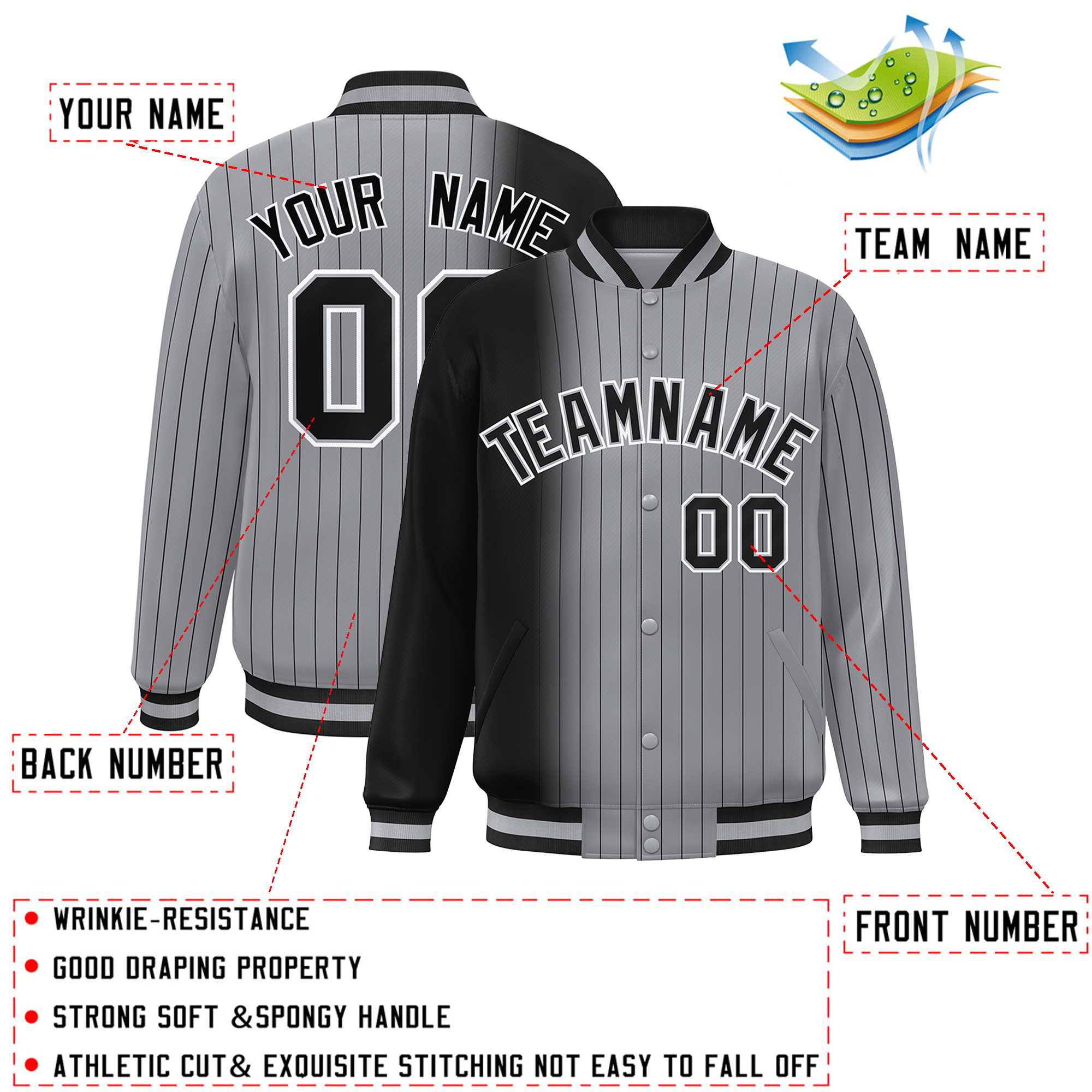 Custom Gray Black Gradient Varsity Full-Snap Pinstripe Letterman Baseball Jacket