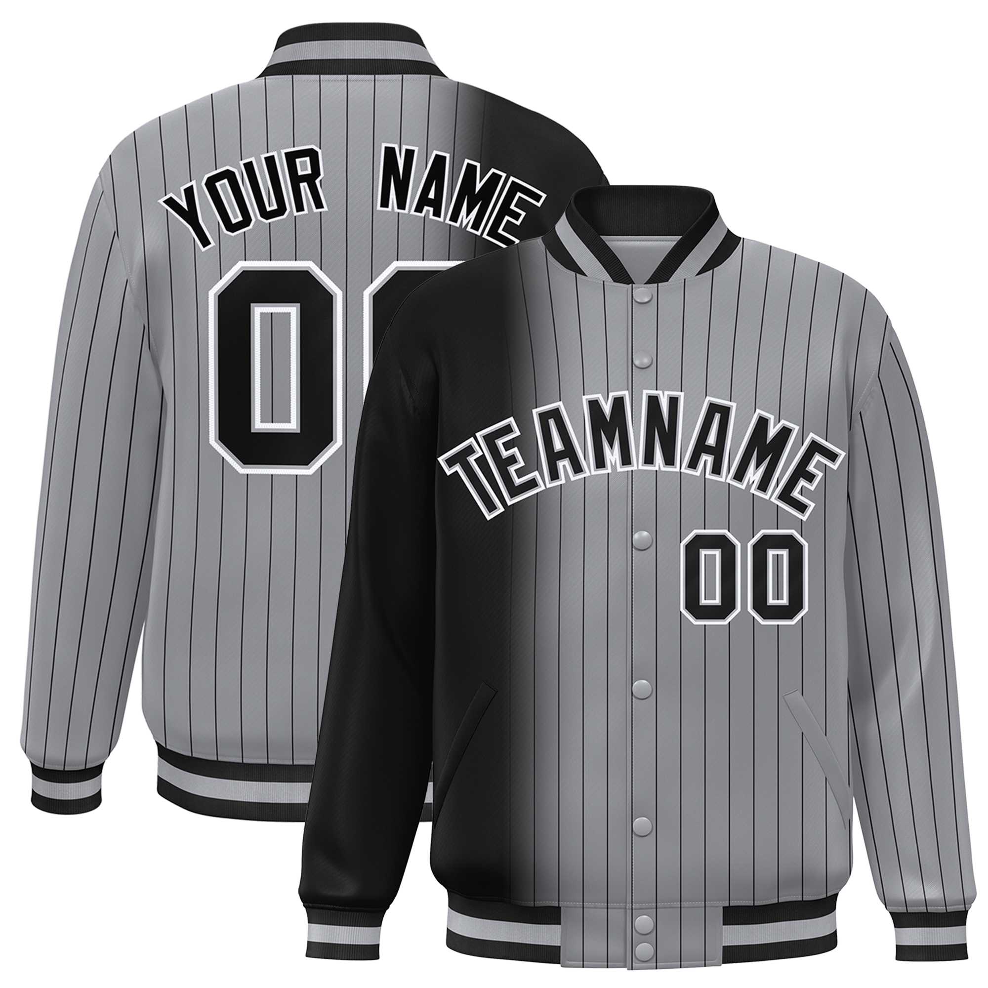 Custom Gray Black Gradient Varsity Full-Snap Pinstripe Letterman Baseball Jacket