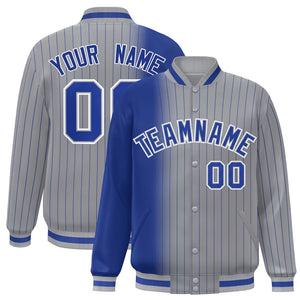 Custom Gray Royal Gradient Varsity Full-Snap Pinstripe Letterman Baseball Jacket