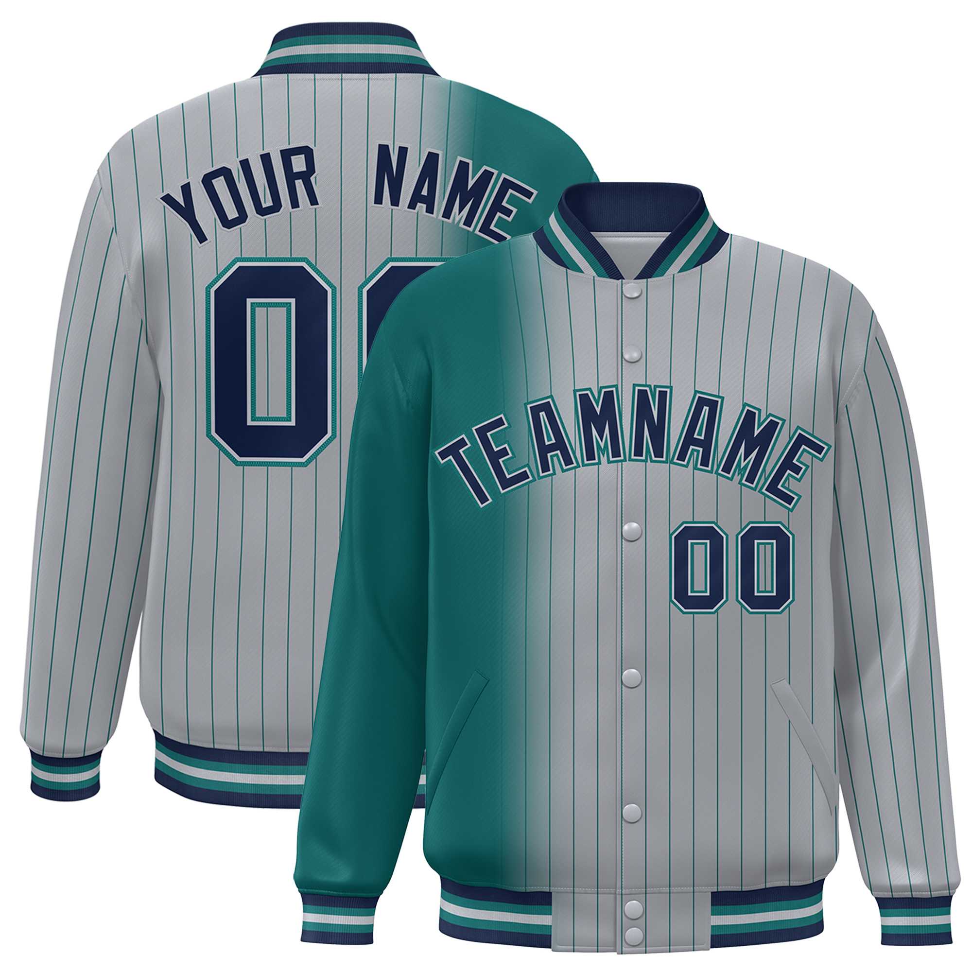 Custom Gray Aqua Gradient Varsity Full-Snap Pinstripe Letterman Baseball Jacket