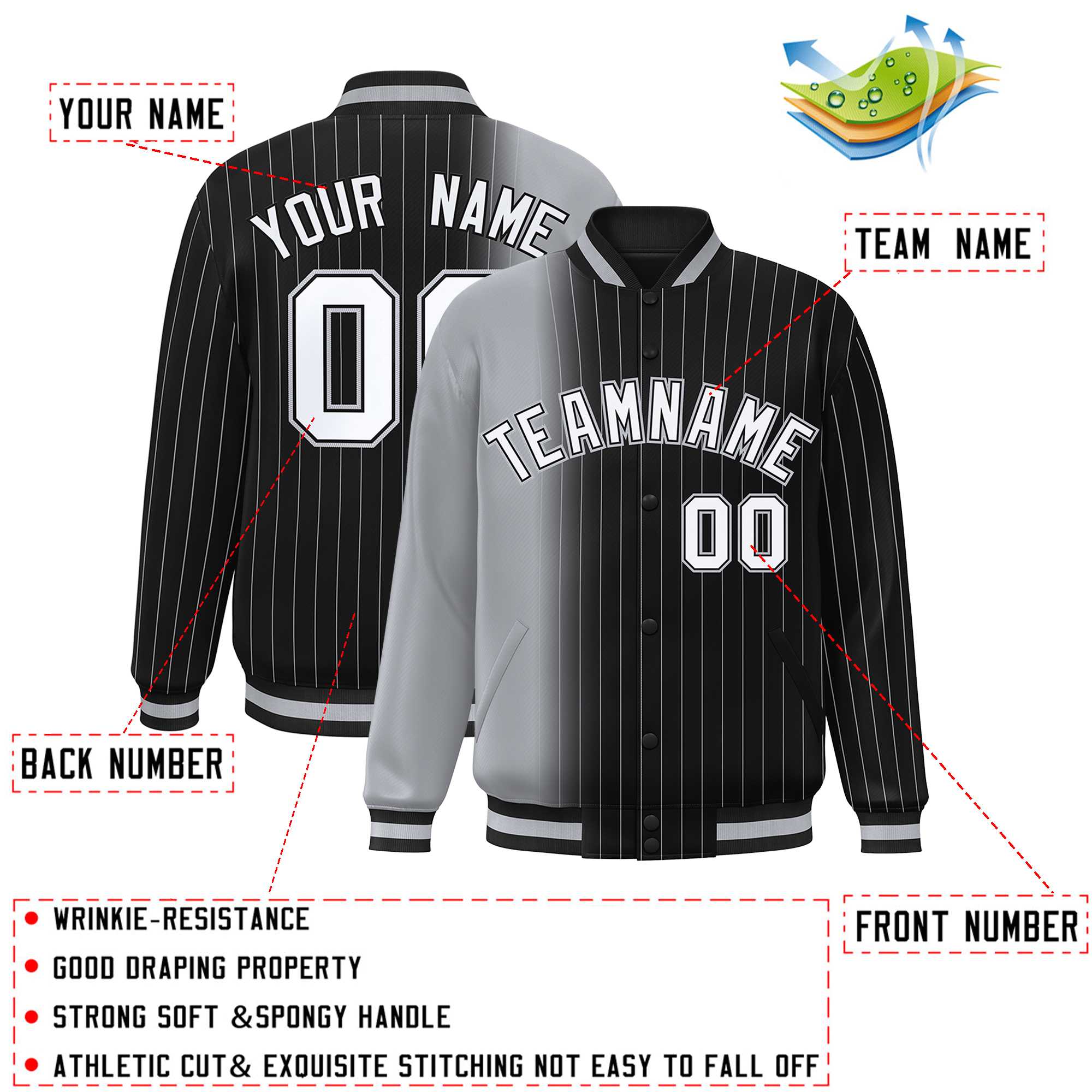 Custom Black Gray Gradient Varsity Full-Snap Pinstripe Letterman Baseball Jacket