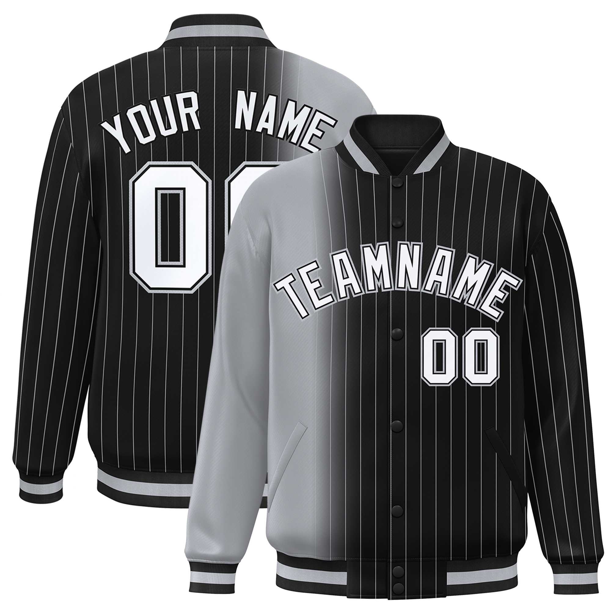 Custom Black Gray Gradient Varsity Full-Snap Pinstripe Letterman Baseball Jacket