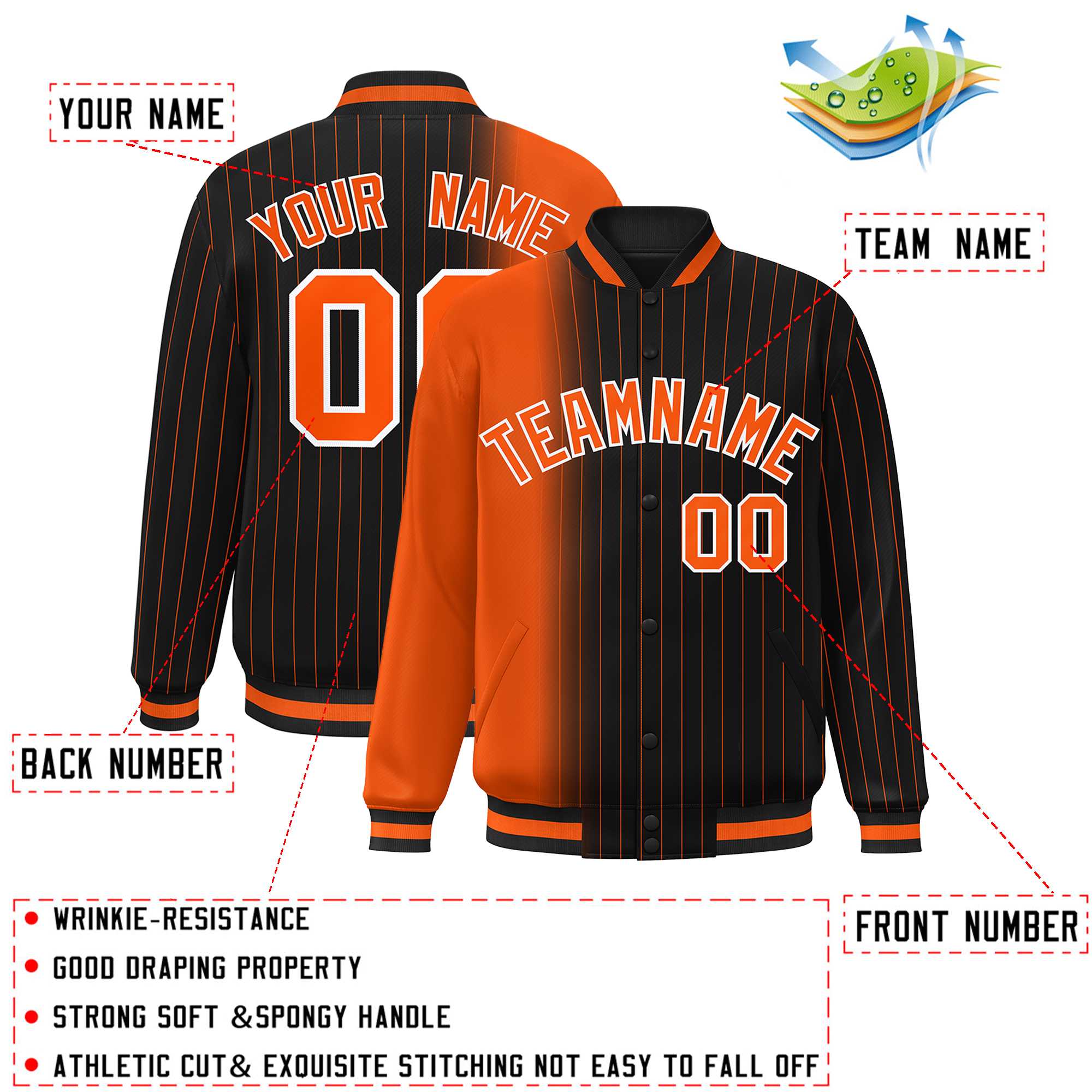 Custom Black Orange Gradient Varsity Full-Snap Pinstripe Letterman Baseball Jacket